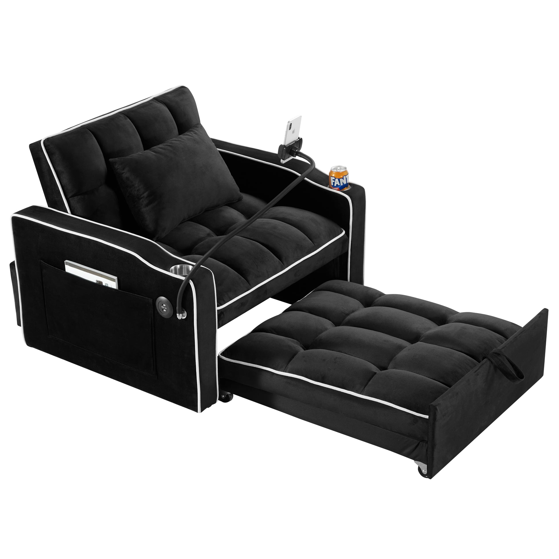 Convertible Sleeper Chair Sofa Bed Adjustable Pull Out Sleeper Chair Bed Multi Pockets Folding Sofa Bed For Living Room Bedroom Small Space,3 In 1 Sofa Bed, Black Black Velvet 1 Seat