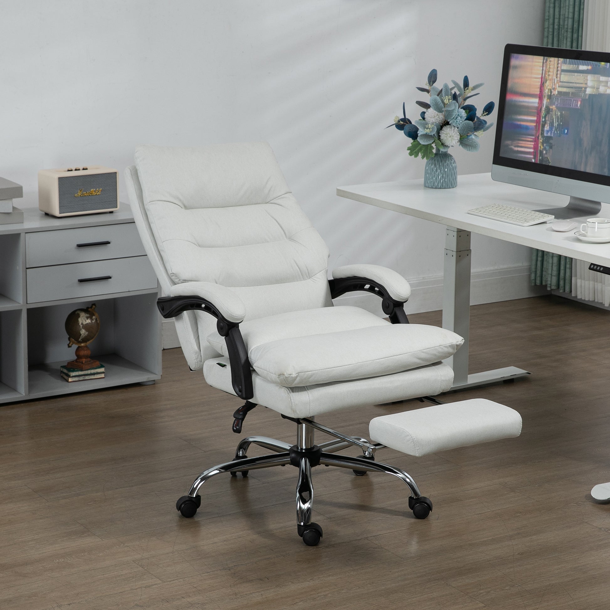 Vinsetto Microfibre Executive Massage Office Chair, Computer Desk Chair, Heated Reclining Chair With Footrest, Double Tier Padding, Swivel Wheels, Cream White Cream White Polyester