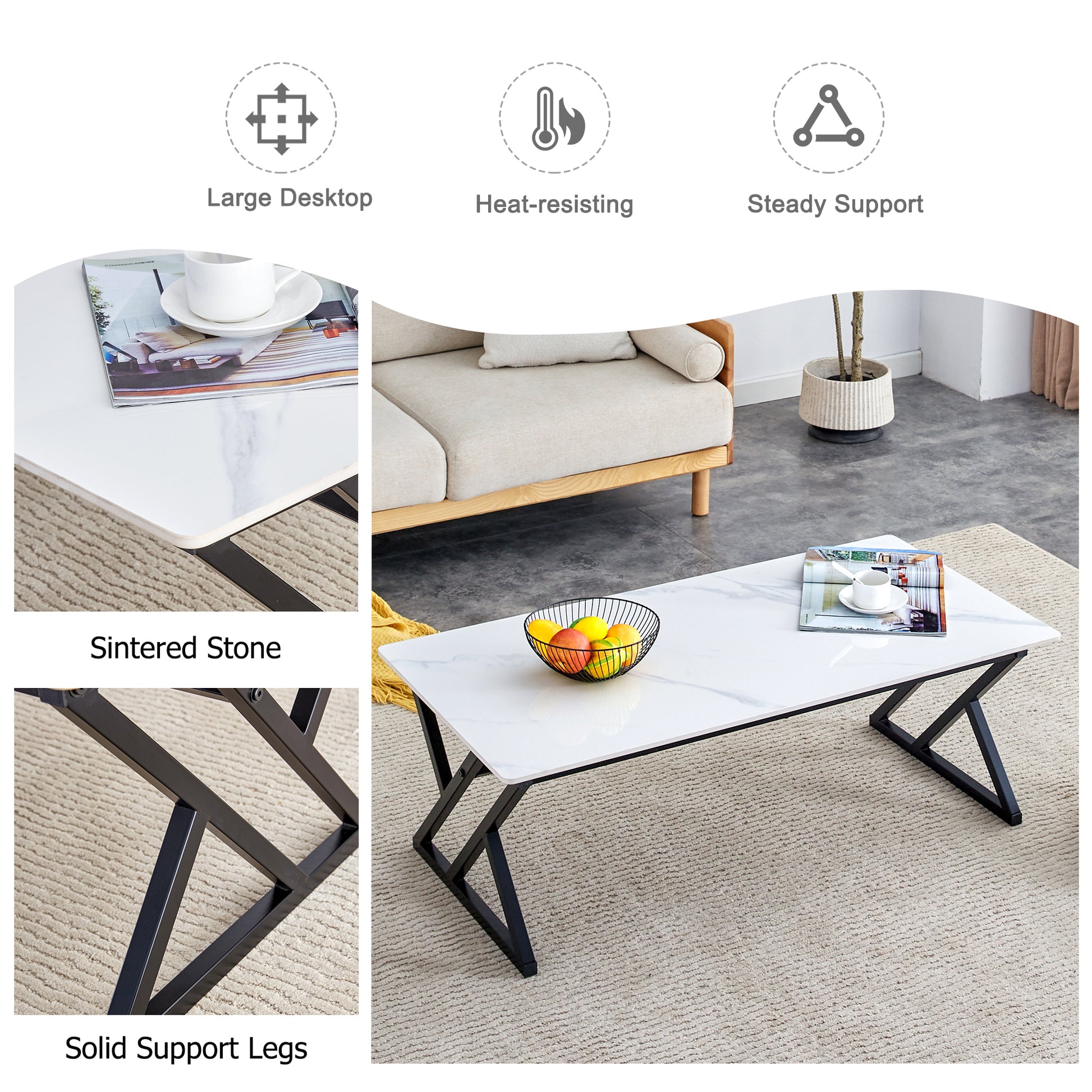 A Modern Minimalist Style White Marble Patterned Coffee Table With Black Metal Legs. Computer Desk. Game Table. Tea Table. Ct Xx White Black Sintered Stone