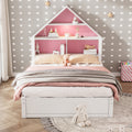 Full Size House Shaped Bed With Bookcase Headboard And Led Light And Twin Size Trundle For Kids Boys Girls, Pink White Box Spring Not Required Full White Pink Wood Bedroom Cute Bed Frame Wood