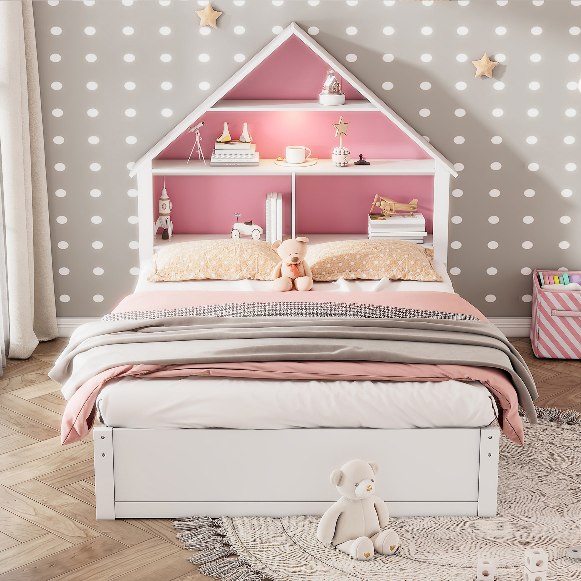 Full Size House Shaped Bed With Bookcase Headboard And Led Light And Twin Size Trundle For Kids Boys Girls, Pink White Box Spring Not Required Full White Pink Wood Bedroom Cute Bed Frame Wood