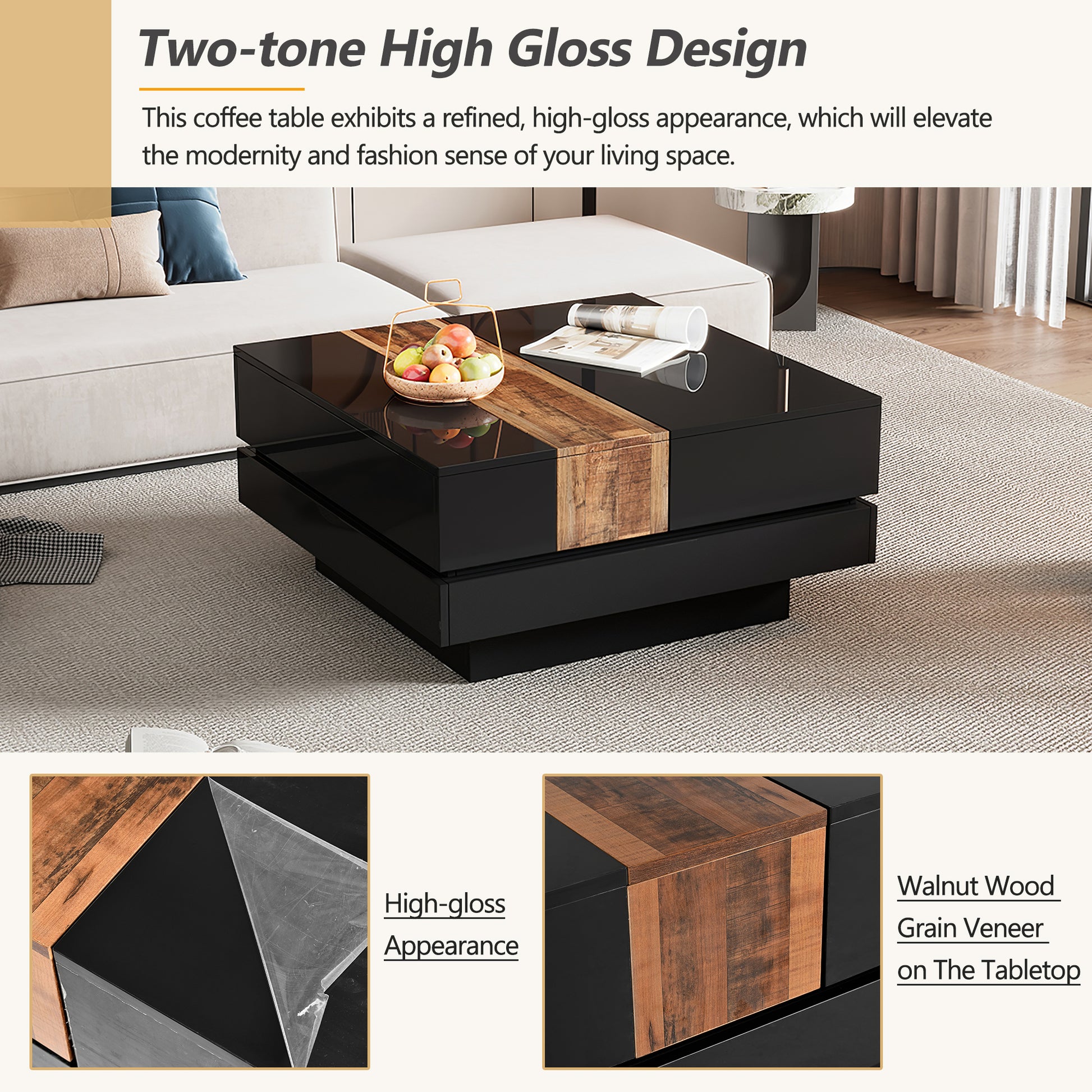 31.4'' X 31.4'' Square Coffee Table With Sliding Tabletop, High Gloss Center Table With Hidden Storage Compartment, Extendable Cocktail Table With Walnut Grain Finish For Living Room, Black Black Square Mdf