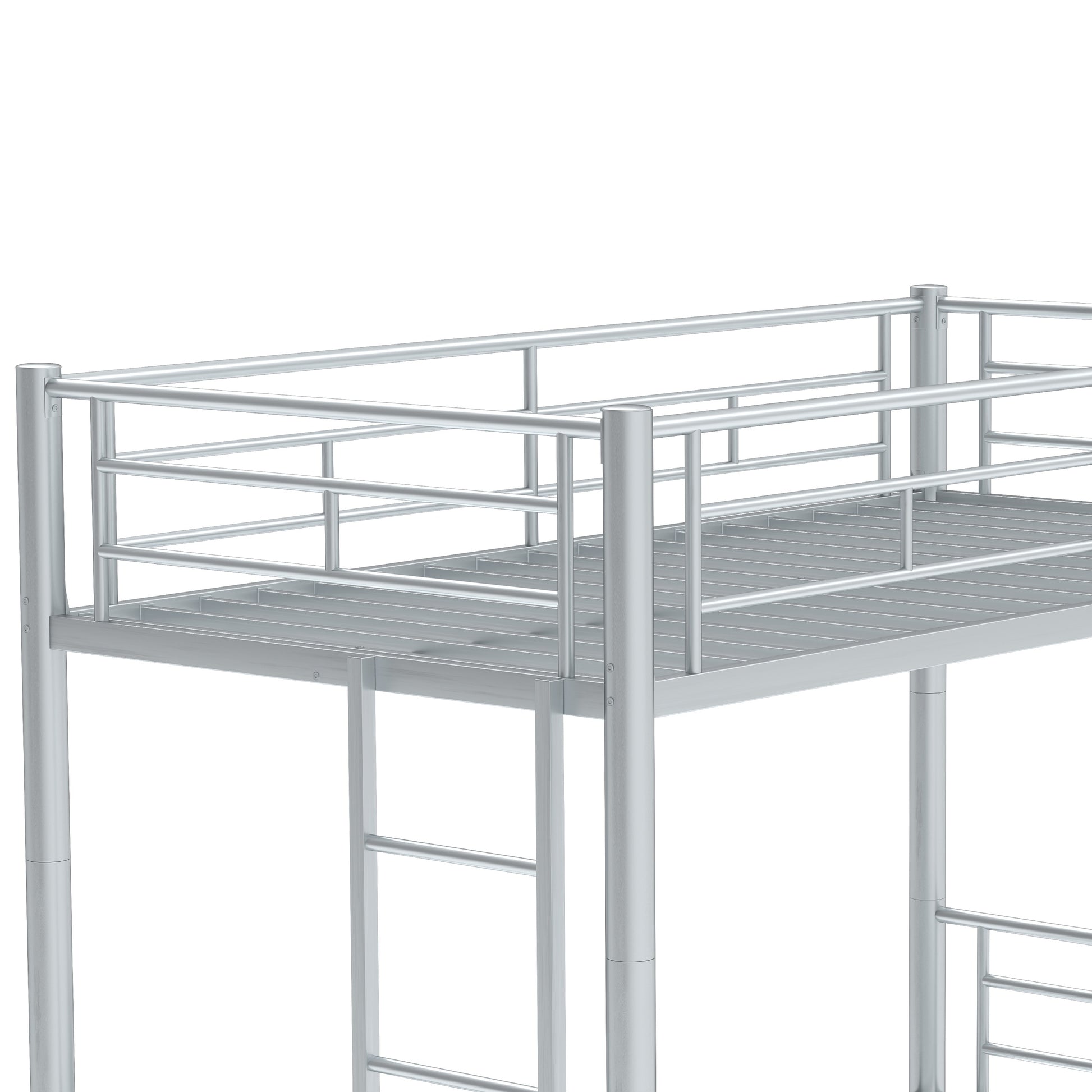 Heavy Duty Sturdy Meta Twin Over Twin With Trundle Bunk Bed L Noise Reduced Safety Guardrail No Box Spring Needed,Gray Silver Twin Gray Silver Metal
