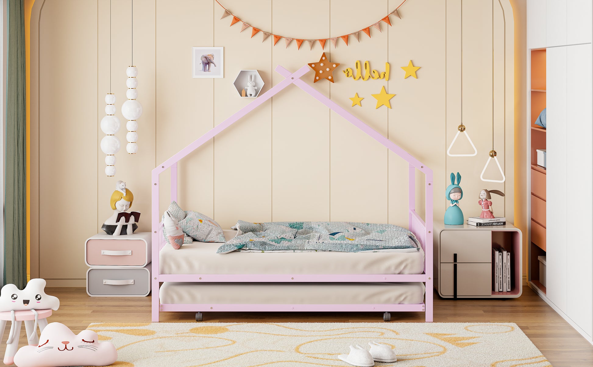 Full Size Metal House Bed With Twin Size Trundle, Pink Full Pink Metal