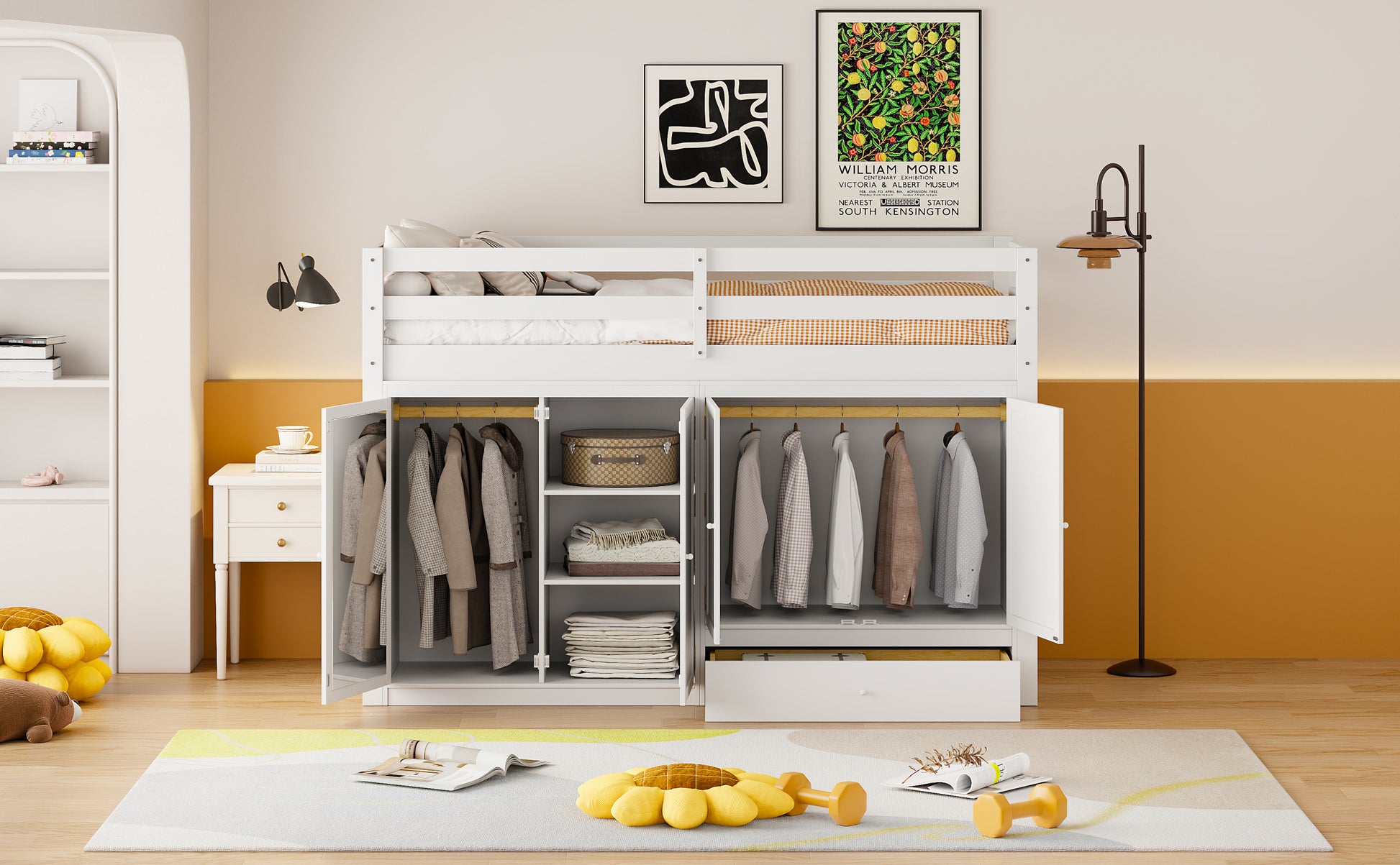 Twin Size Loft Bed With Drawer, Two Wardrobes And Mirror, White White Solid Wood Mdf