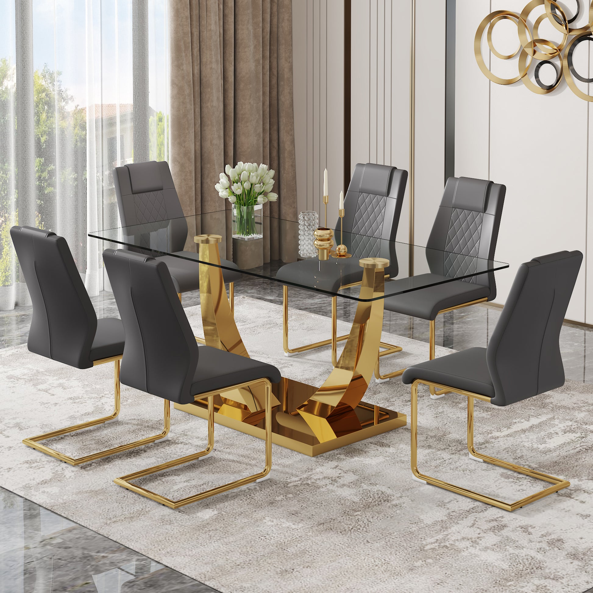 Table And Chair Set.Modern Rectangular Dining Table With Transparent Tempered Glass Tabletop And Gold Plated Metal Legs.Paried With 6 Comfortable Chairs With Pu Seats And Golden Metal Legs. Grey Gold,Transparent Seats 6 Glass Metal