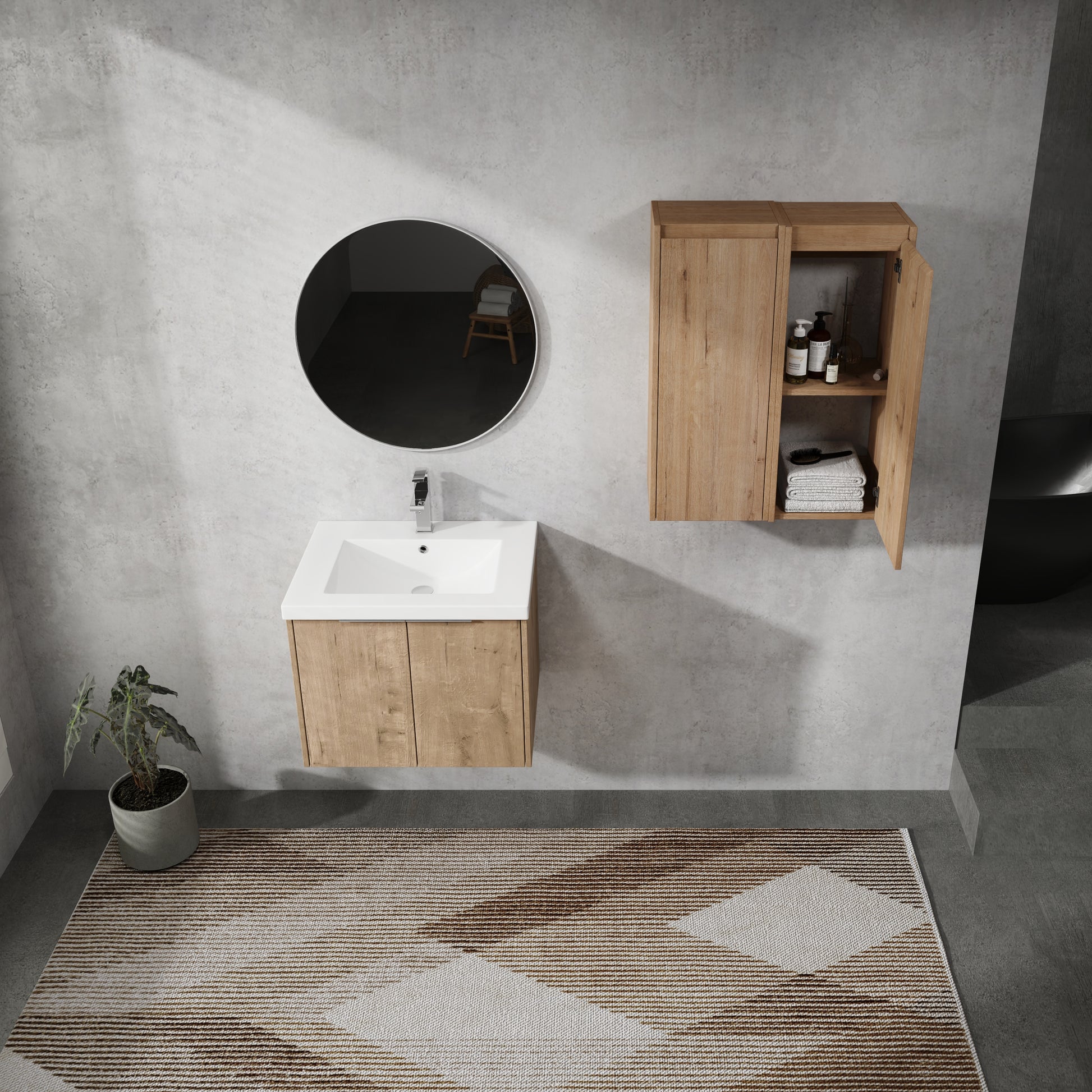 24" Wall Mounted Bathroom Vanity With Sink And Side Cabinet, Soft Close Doors,00112Imo X 2 00624Imo Combination Cabinet Kd Packing Imitative Oak Bathroom Modern Plywood Plywood