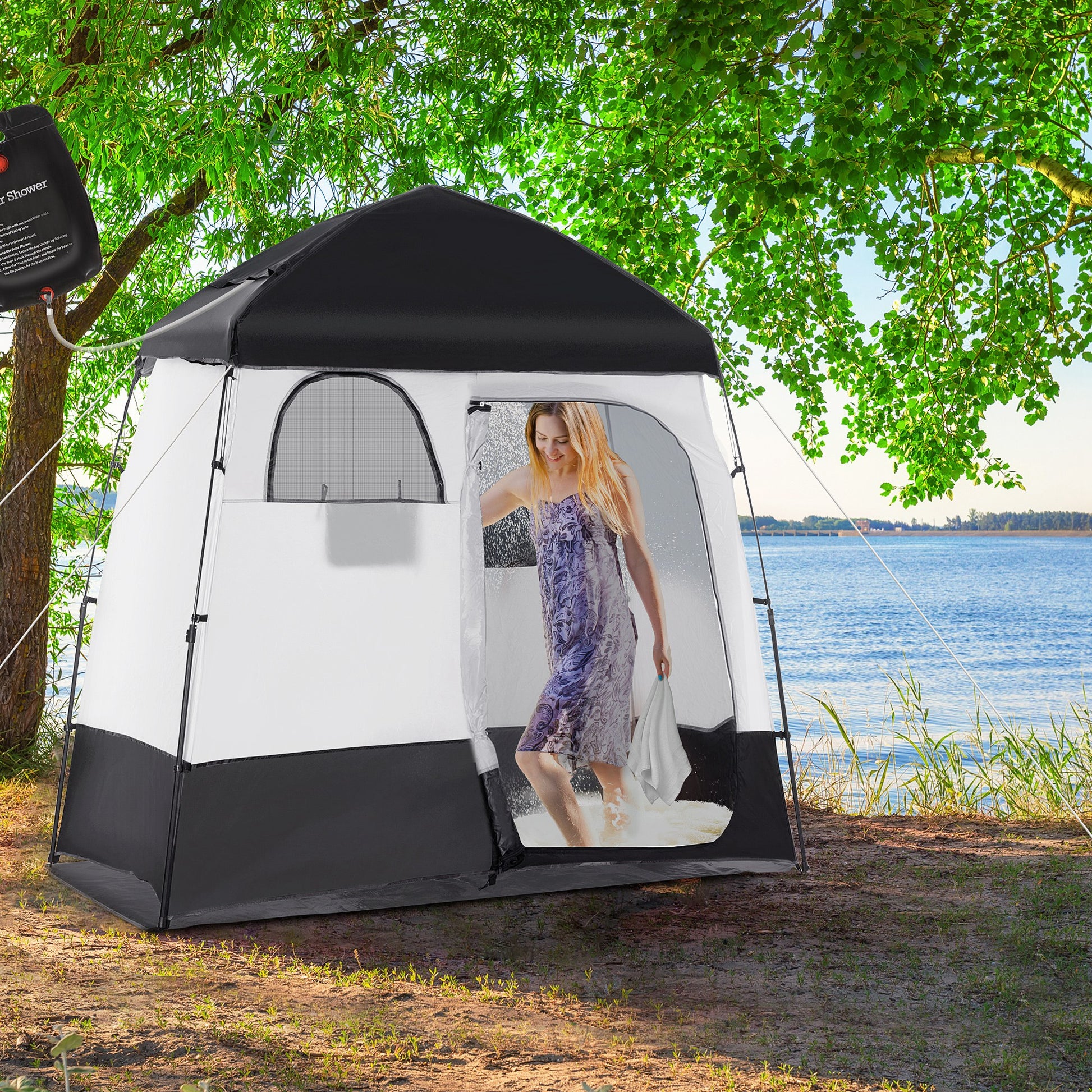 Outsunny Shower Tent, Pop Up Privacy Shelter For Camping, Dressing Changing Room, Portable Instant Outdoor Shower Tent Enclosure W 2 Rooms, Shower Bag, Floor And Carrying Bag, Black Black Taffeta