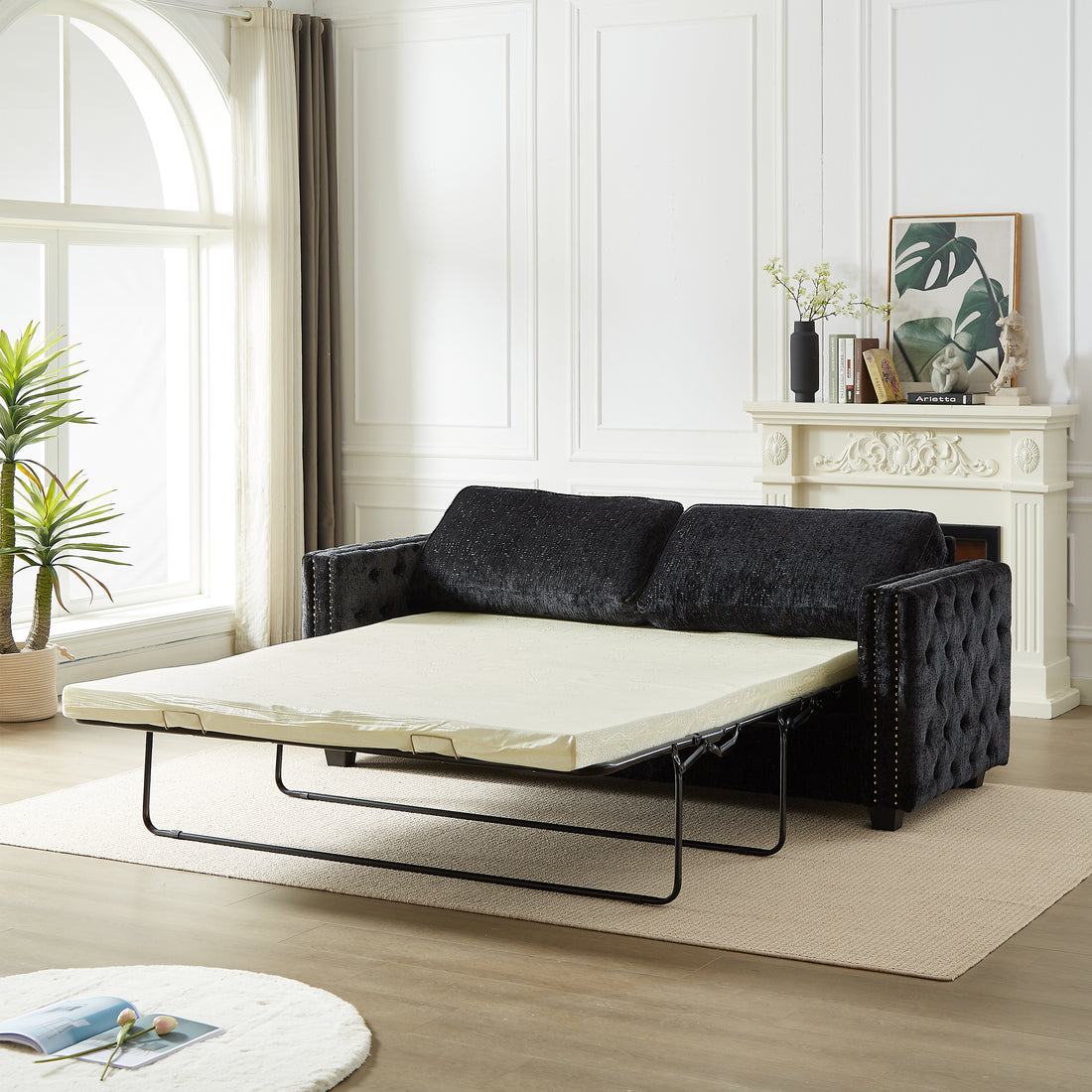 Convertible Sleeper Sofa With Memory Foam Mattress, 3 Seater Full Size Bed Couch For Living Rooms, Designed With Chenille Fabric Black Chenille 3 Seat