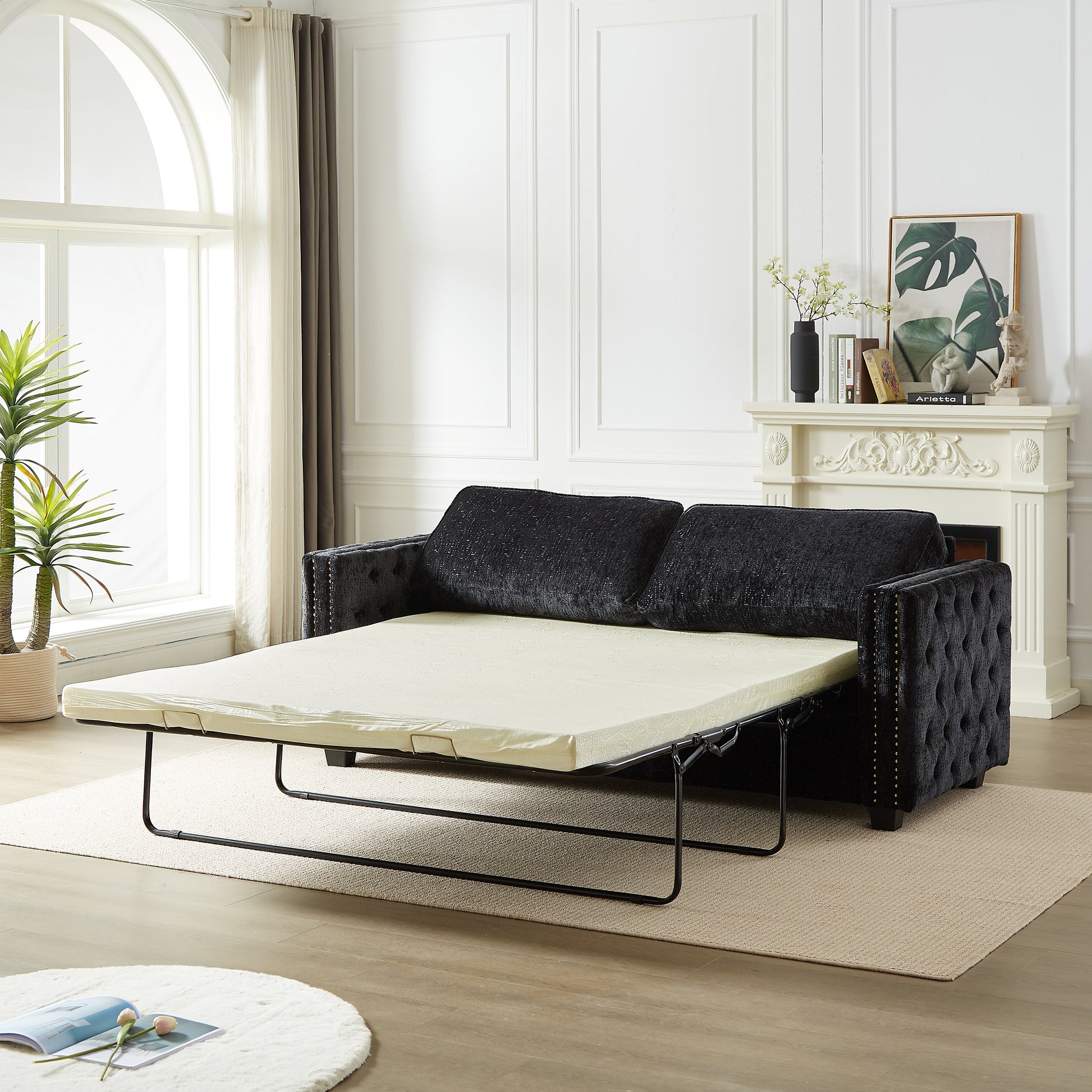 Convertible Sleeper Sofa With Memory Foam Mattress, 3 Seater Full Size Bed Couch For Living Rooms, Designed With Chenille Fabric Black Chenille 3 Seat