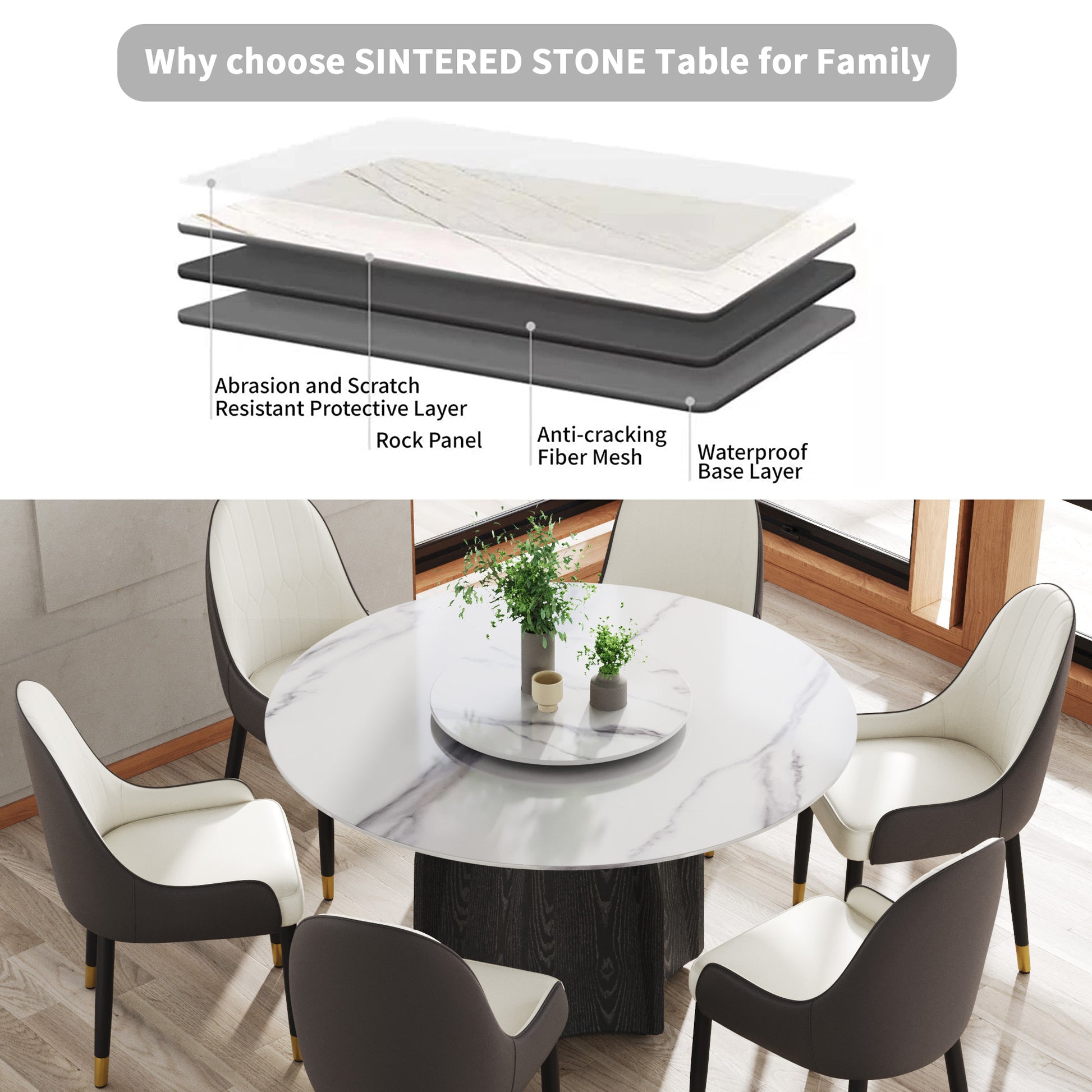53" Round Marble Dining Table With Black Textured Solid Wood Base, Artificial Marble For 6 People, 23.62"White Artificial Stone Turntable,White Dining Table Only White Dining Room Modern Round Metal