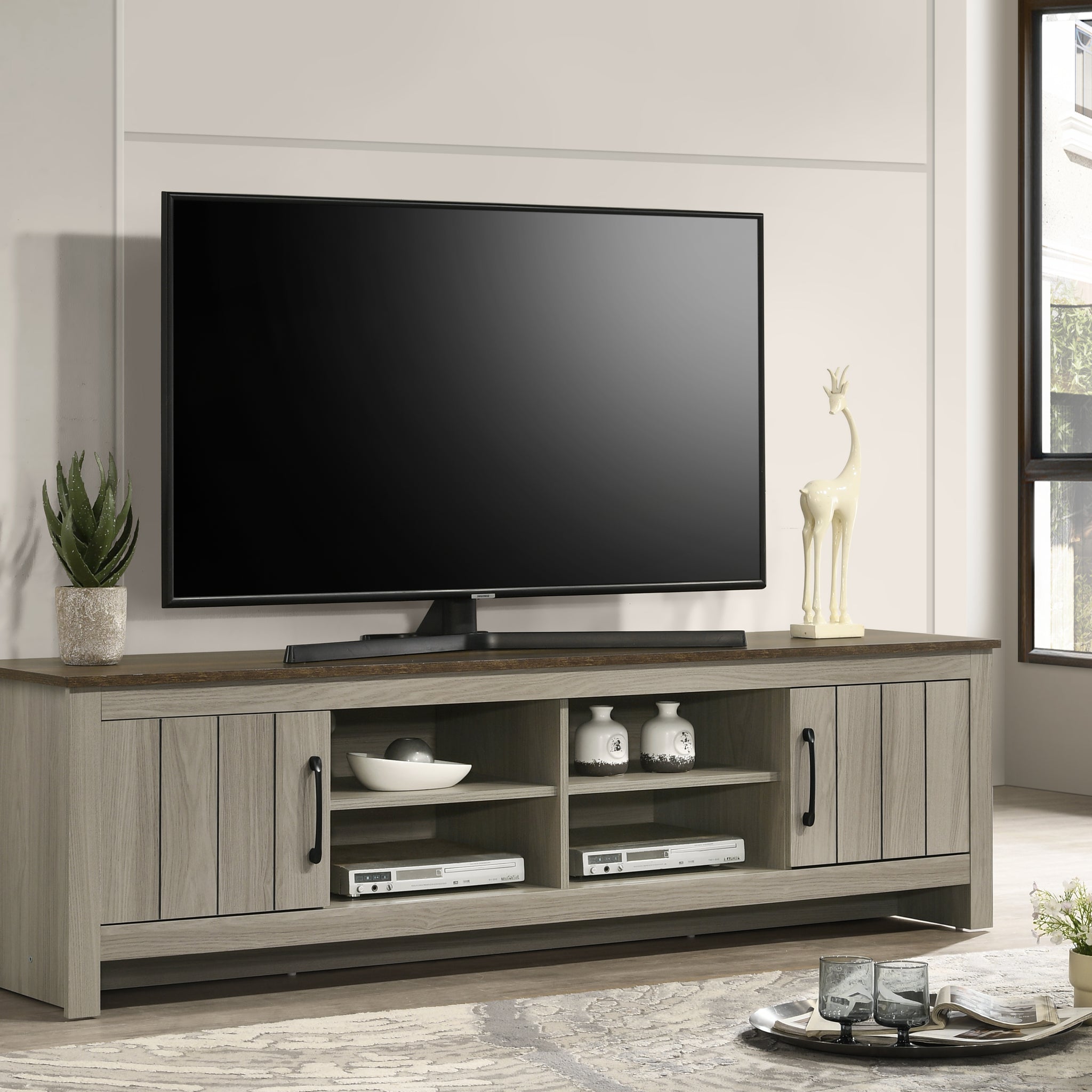 Nyla 68.5"W Gray Oak Tv Stand With Shelves And Cabinet Doors Gray 60 69 Inches Wood