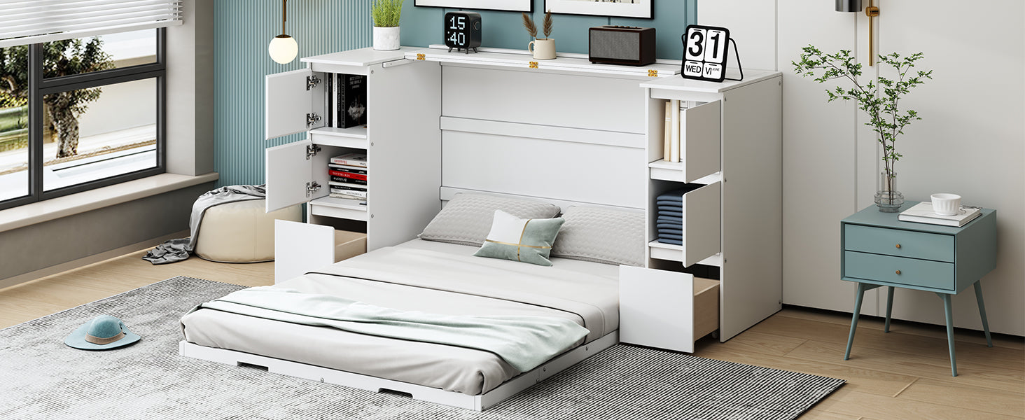 Full Size Murphy Bed With Drawers, Cabinets And Usb Ports,White Full White Mdf Lvl