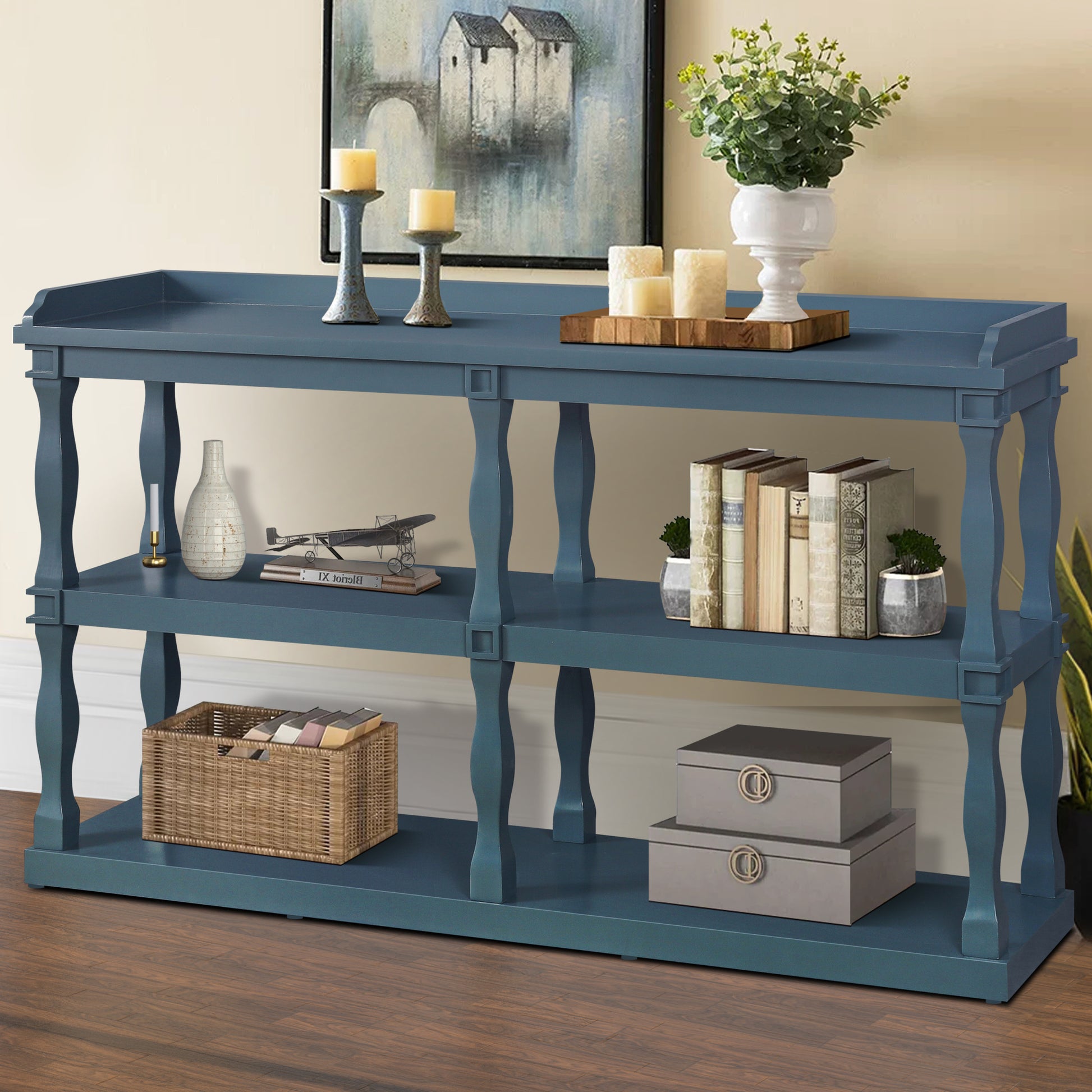 Console Table With 3 Tier Open Storage Spaces And Roman Column Effect Support Legs,Narrow Sofa Entry Table For Living Room, Entryway And Hallway Navy Blue Navy Blue Primary Living Space Floor Mount Open Storage Console Tables Glossy Mdf Mdf