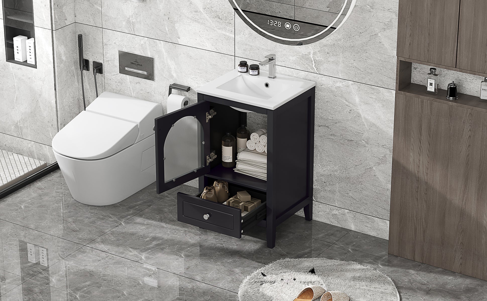 20" Bathroom Vanity With Sink, Bathroom Cabinet With Soft Closing Glass Door, A Drawer, Black Black Mdf