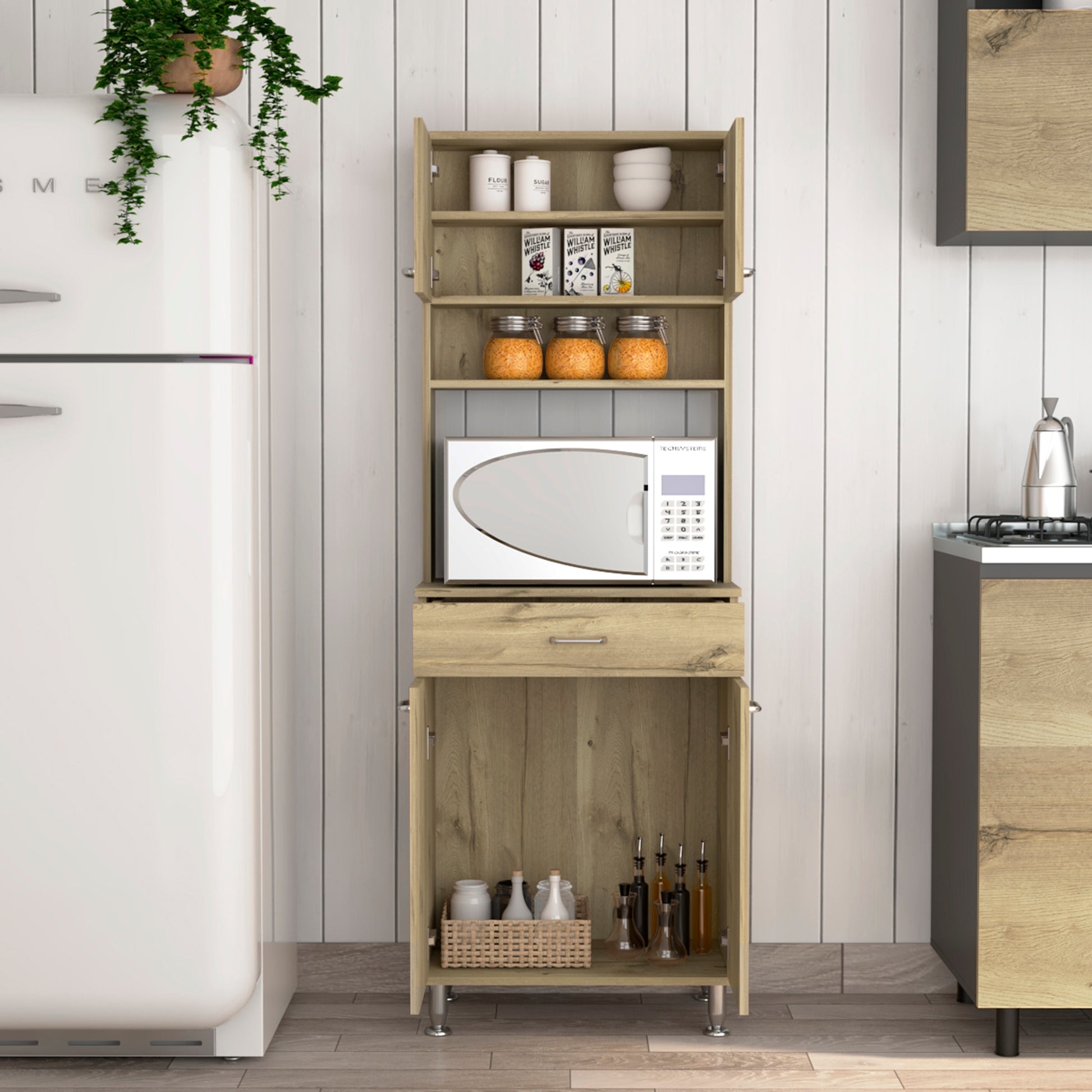 Bay Area Pantry, Two Door Cabinets, One Drawer, Four Adjustable Metal Legs Beige Kitchen Contemporary Melamine Engineered Wood
