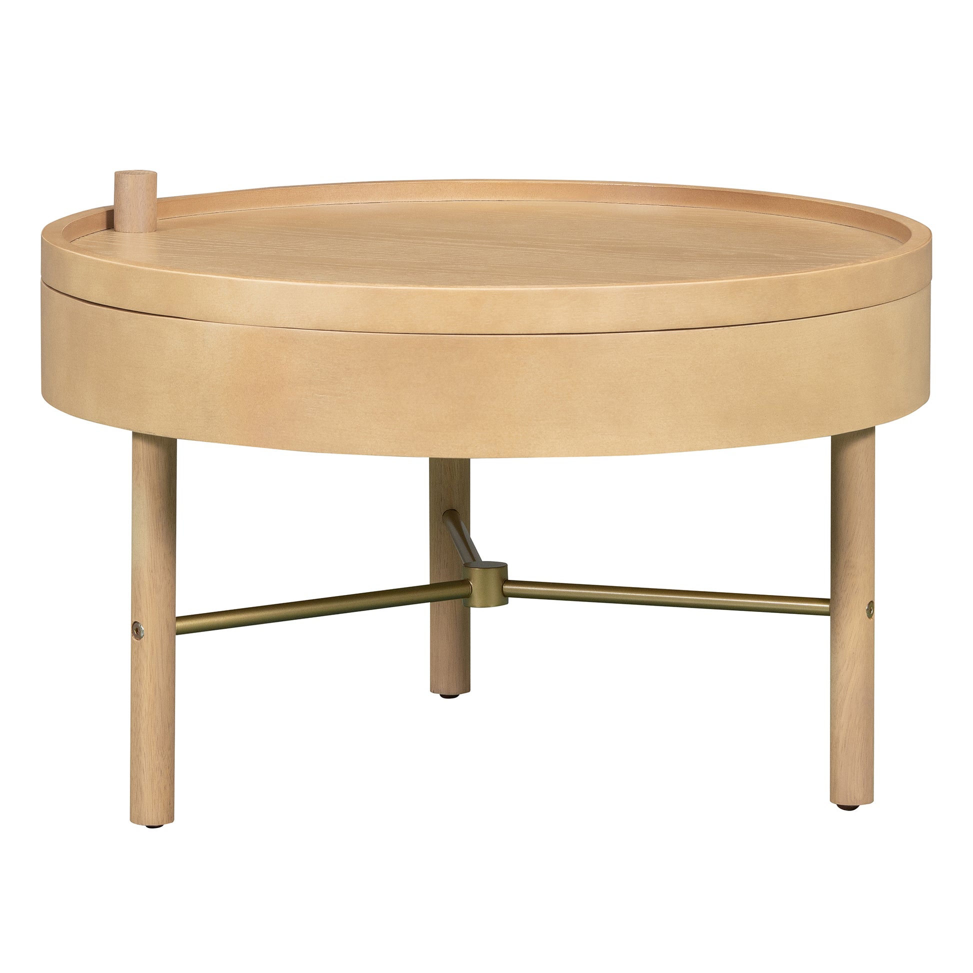 Modern Round Wood Rotating Tray Coffee Table With Storage & Metal Legs In Natural Natural Metal,Rubber Wood