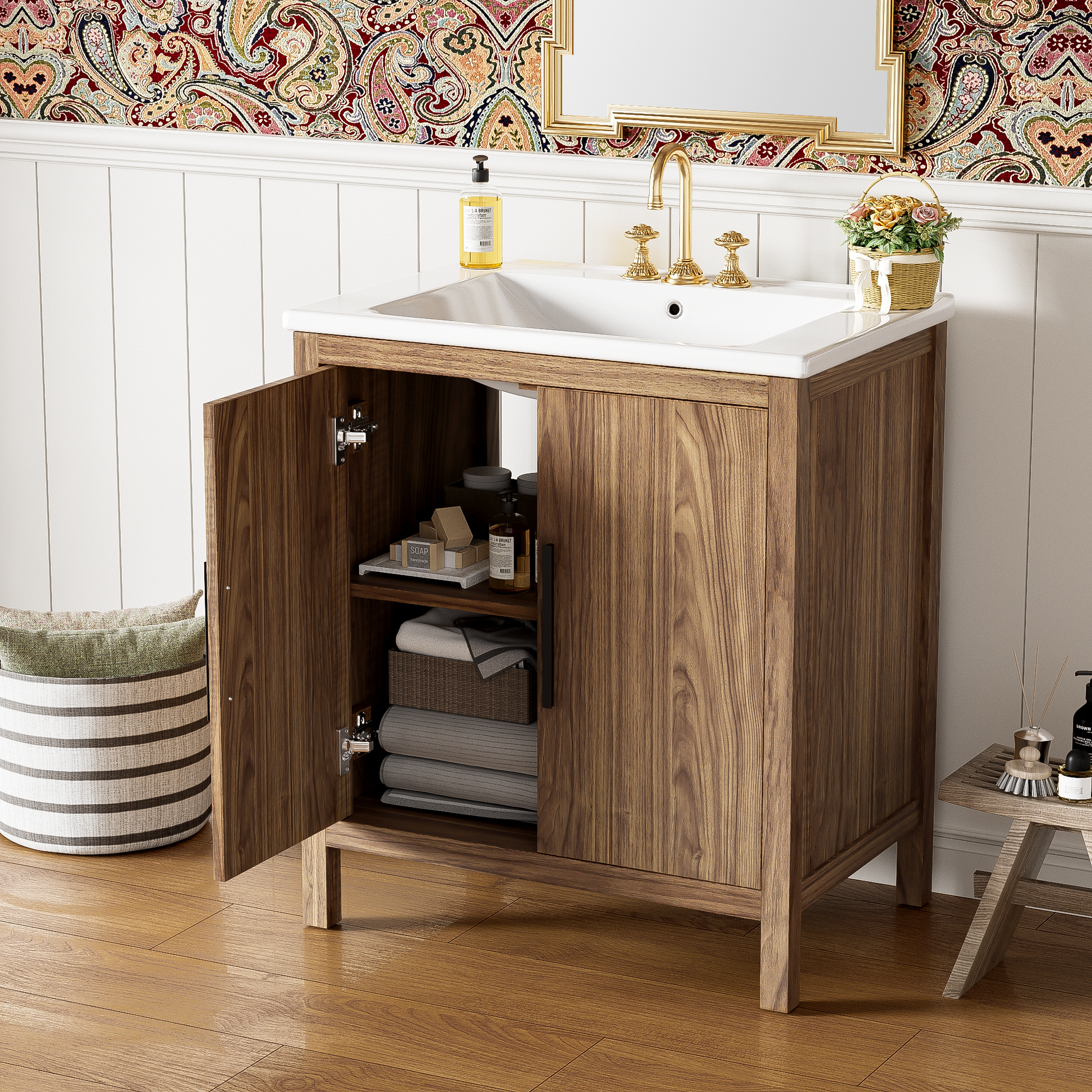 30" Wood Color Bathroom Vanity With Single Sink, Combination Under Counter Sink, Bathroom Storage Cabinet With Soft Closing Door, Multi Function Storage, Solid Wood Frame Wood Bathroom Solid Wood Mdf