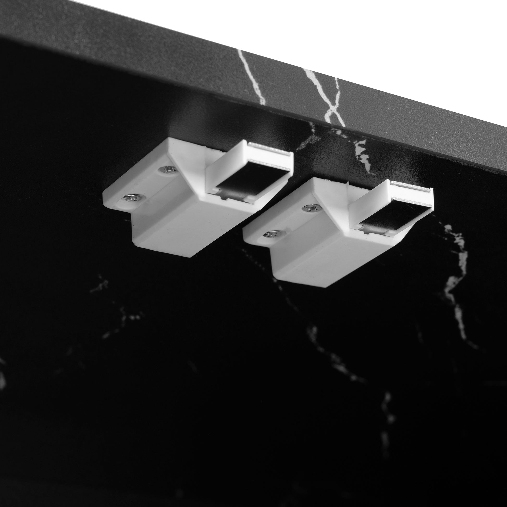 Modern App Controlled Led Tv Stand For Tvs Up To 105'', Faux Marble Tabletop Media Console With Tempered Glass Doors, Entertainment Center With 2 Drawers & Cabinets For Living Room, Black Black 90 Inches Or Larger Particle Board Mdf