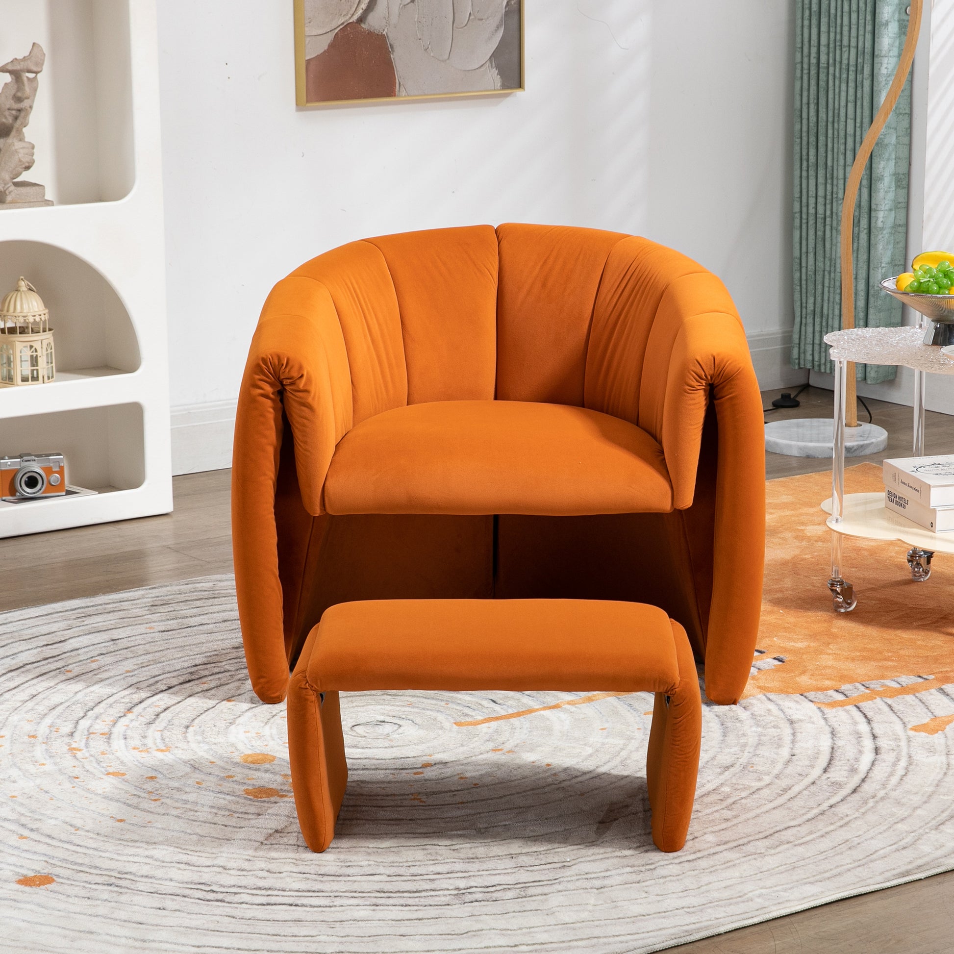 Coolmore Accent Chair With Ottoman, Mid Century Modern Barrel Chair Upholstered Club Tub Round Arms Chair For Living Room Bedroom Office Orange Velvet Orange Foam Velvet