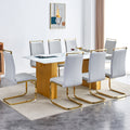 Table And Chair Set.Large Modern Rectangular Table With 0.4 Inch Patterned Glass Tabletop And Large Mdf Table Legs.Comes With 8 Chairs With Faux Leather Cushioned Seats And Golden Metal Legs. Gold White Seats 8 Mdf Glass