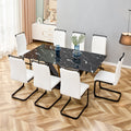 Table And Chair Set, Modern Dining Table, Patterned Table Top And Black Mdf Table Legs, Soft And Comfortable Dining Chair, Perfect For Dinner, Meetings, Home And Office Decor White Black Mdf Glass
