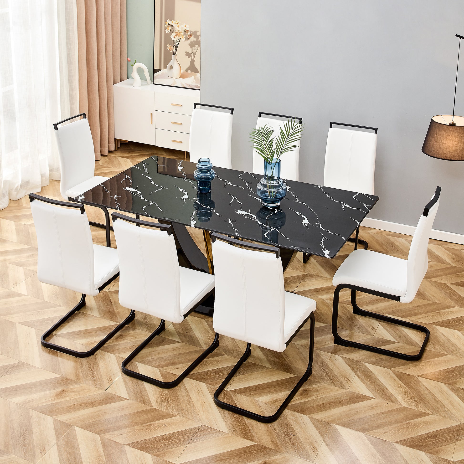 Table And Chair Set, Modern Dining Table, Patterned Table Top And Black Mdf Table Legs, Soft And Comfortable Dining Chair, Perfect For Dinner, Meetings, Home And Office Decor White Black Mdf Glass