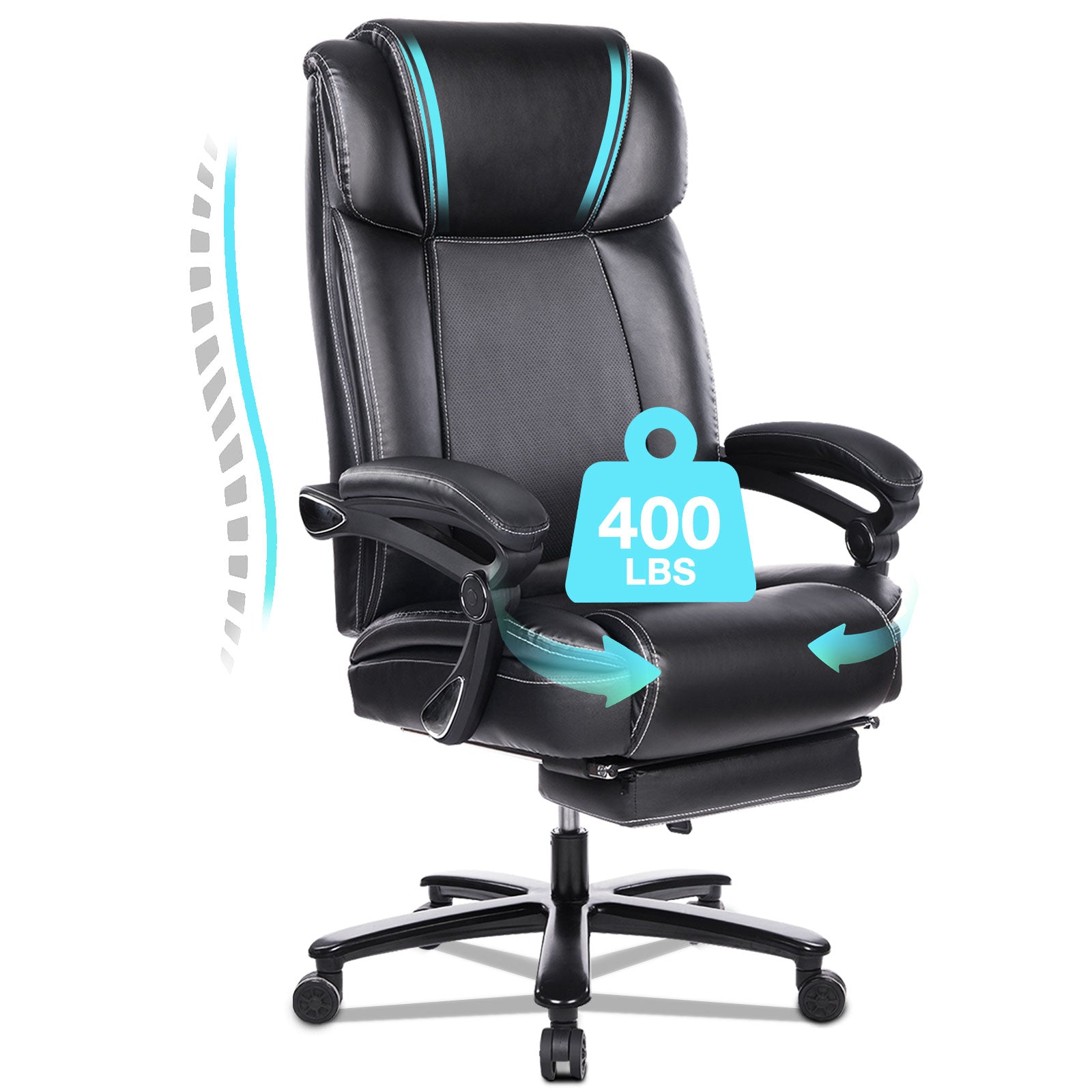Office Chair With Footrest 400Lb Big And Tall Computer Gaming Chair Ergonomic Executive High Back Reclining Leather Desk Chair With Adjustable Lumbar Support And Heavy Duty Metal Base Metal Black Office Sponge Leather