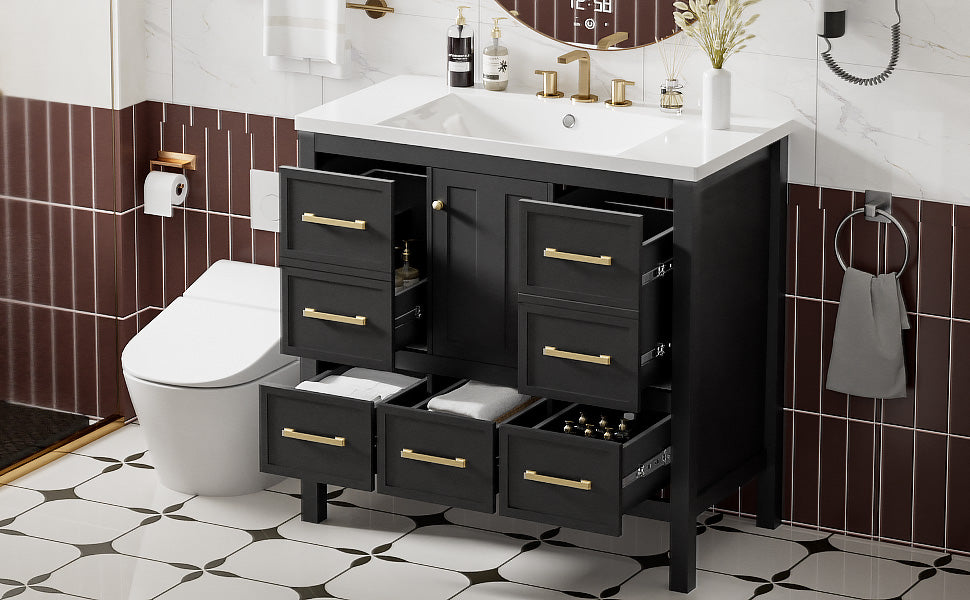 36'' Bathroom Vanity With Resin Sink Combo, Solid Wood Frame Bathroom Storage Cabinet, Freestanding Vanity Set With 5 Drawers& Soft Closing Doors Same As Sw000142Aab Black Bathroom Solid Wood Mdf Resin