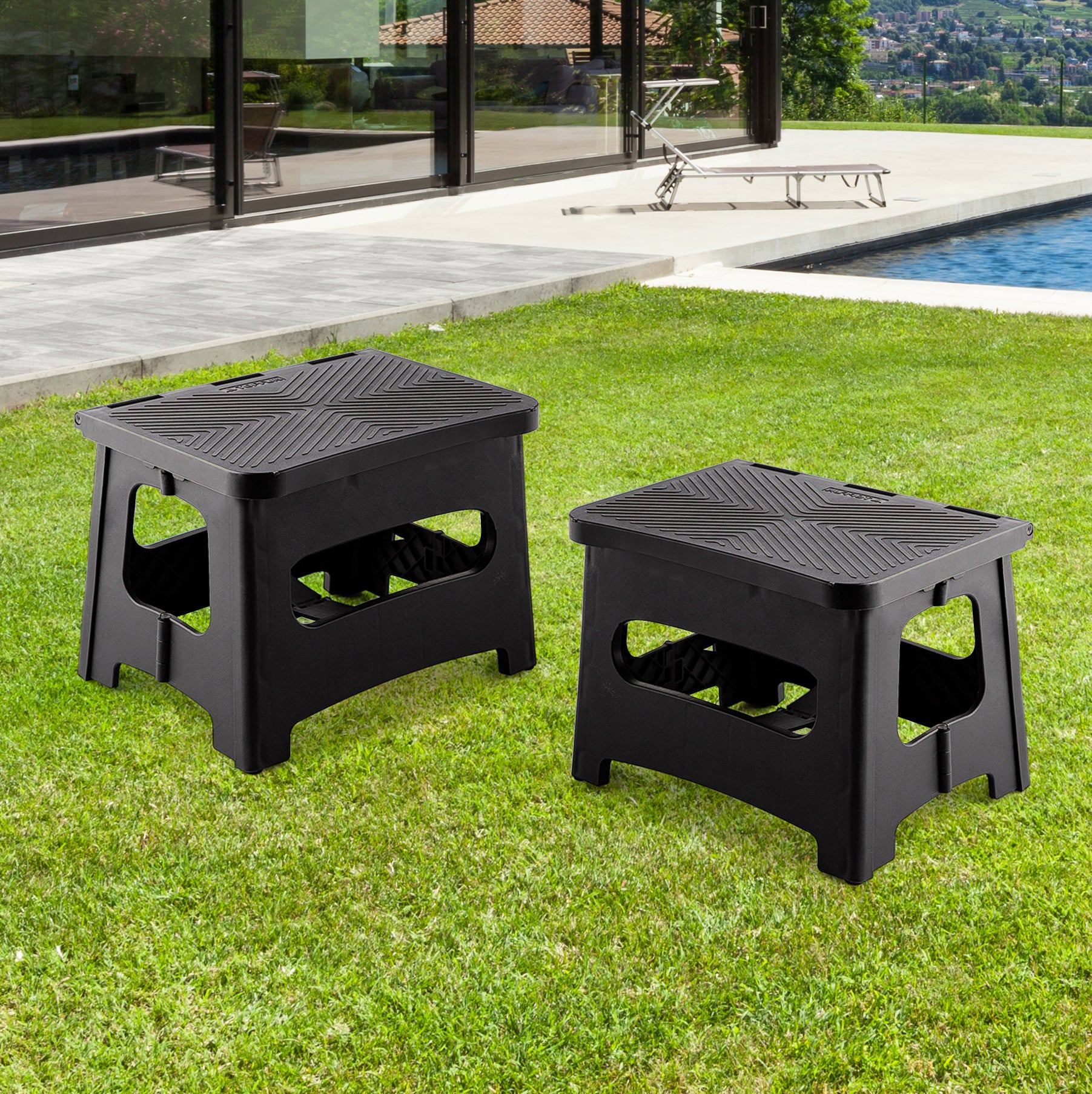 9In Folding Step Stool, Compact, Portable, Non Slip, 300 Lbs. Weight Capacity For Adults And Children. Secure Non Slip Top And Rubber Feet, Great For Home And Camping, Black Color Black