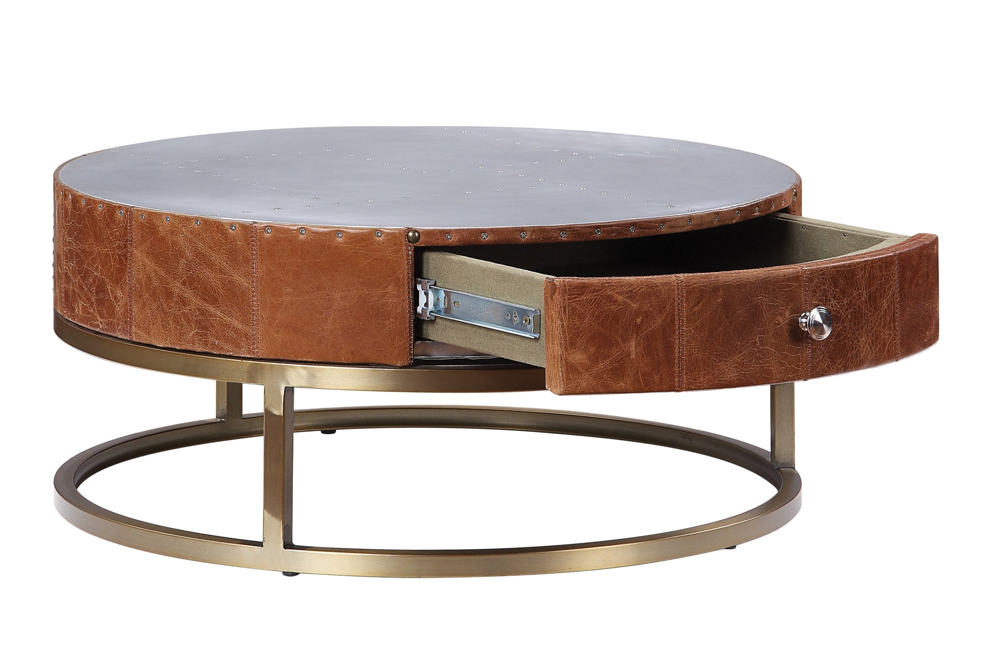 Aluminum And Cocoa Storage Coffee Table Brown Gold Primary Living Space Drawers Round Leather Sled