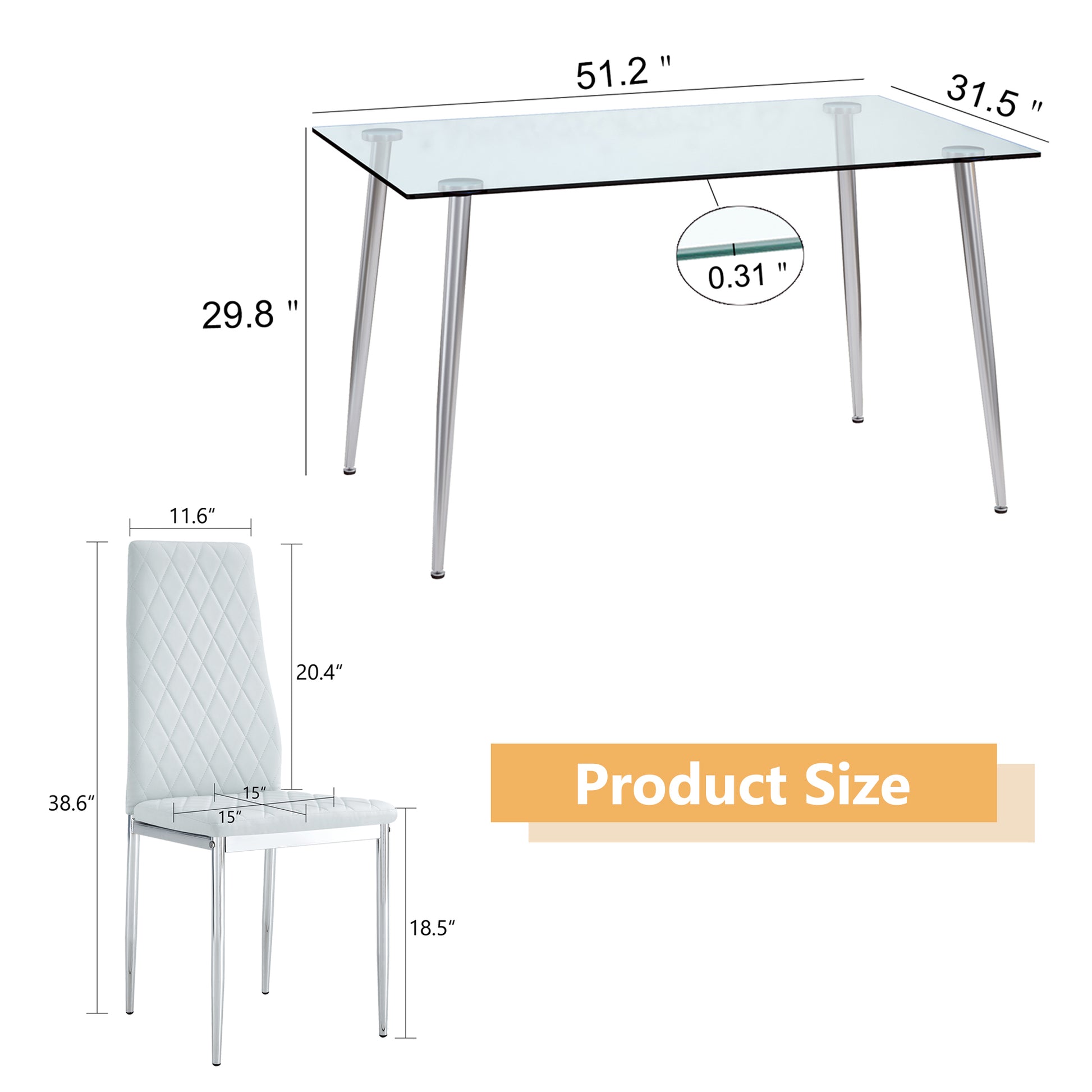 Table And Chair Set.Rectangular Dining Table With Tempered Glass Tabletop And Silver Plating Metal Legs.Paired With 6 Checkered Armless High Back Light Gray Chairs With Electroplated Metal Legs. Transparent Seats 6 Glass Metal