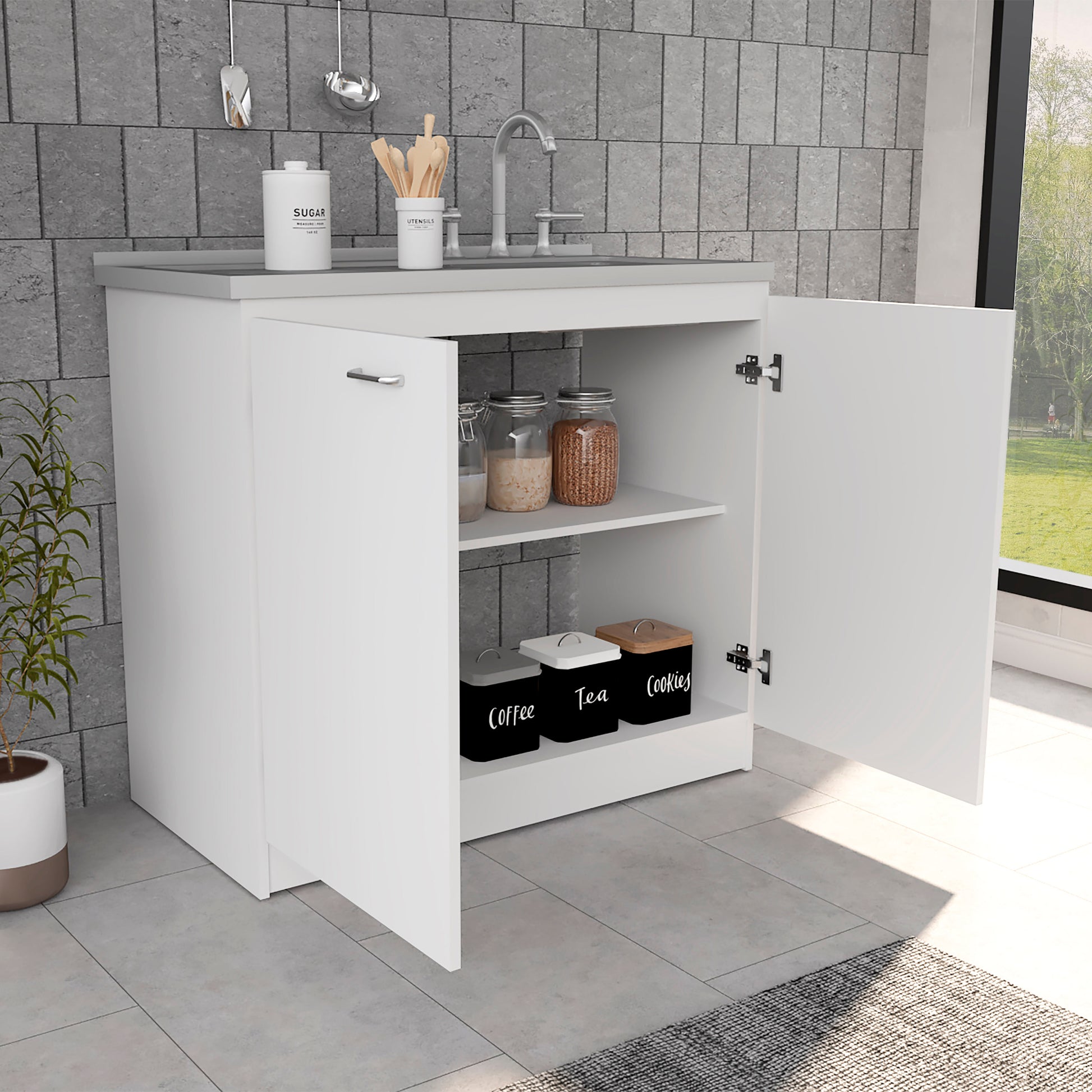 Freestanding Sink, Double Door Cabinet, Two Shelves, White White Solid Wood Mdf Engineered Wood