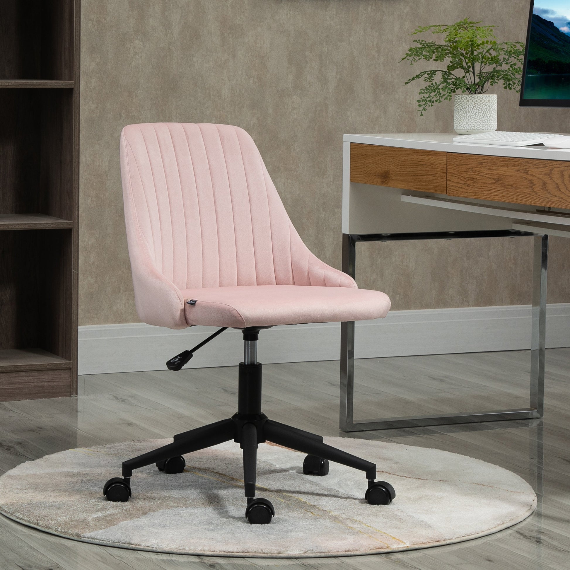 Vinsetto Mid Back Office Chair, Velvet Fabric Swivel Sop Shape Computer Desk Chair For Home Office Or Bedroom, Pink Pink Polyester