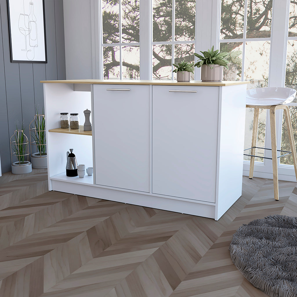 Mercury Kitchen Island With Spacious Countertop, Double Door Cabinets, And 2 Open Storage Shelves Multi Kitchen Modern Rectangular Stationary Kitchen Islands Melamine Particle Board Large 56 In