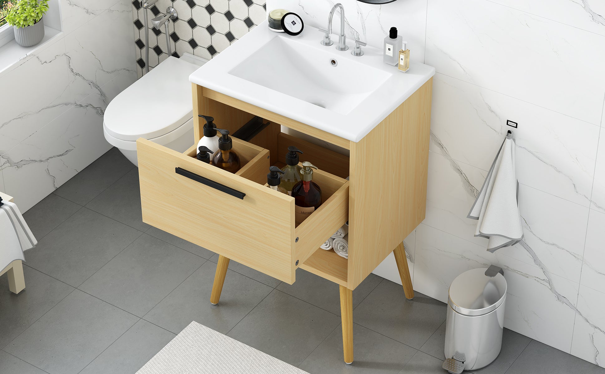 24" Bathroom Vanity With Sink Combo, Multi Functional Bathroom Cabinet With Drawer, Mdf Board, Natural Natural Solid Wood Mdf