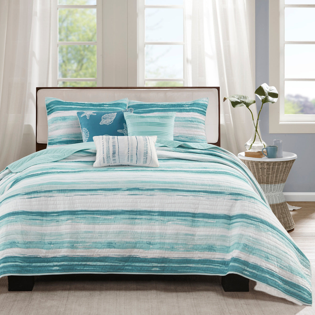 6 Piece Printed Quilt Set With Throw Pillows Aqua Full Queen Full Aqua Cotton