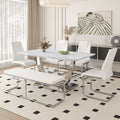 Table And Chair Set. Large Modern Rectangular Table With White Textured Top And Silver Metal Legs. Soft And Comfortable Pu Seats, Faux Leather Upholstered Seats And Sturdy Metal Legs. White Mdf Metal