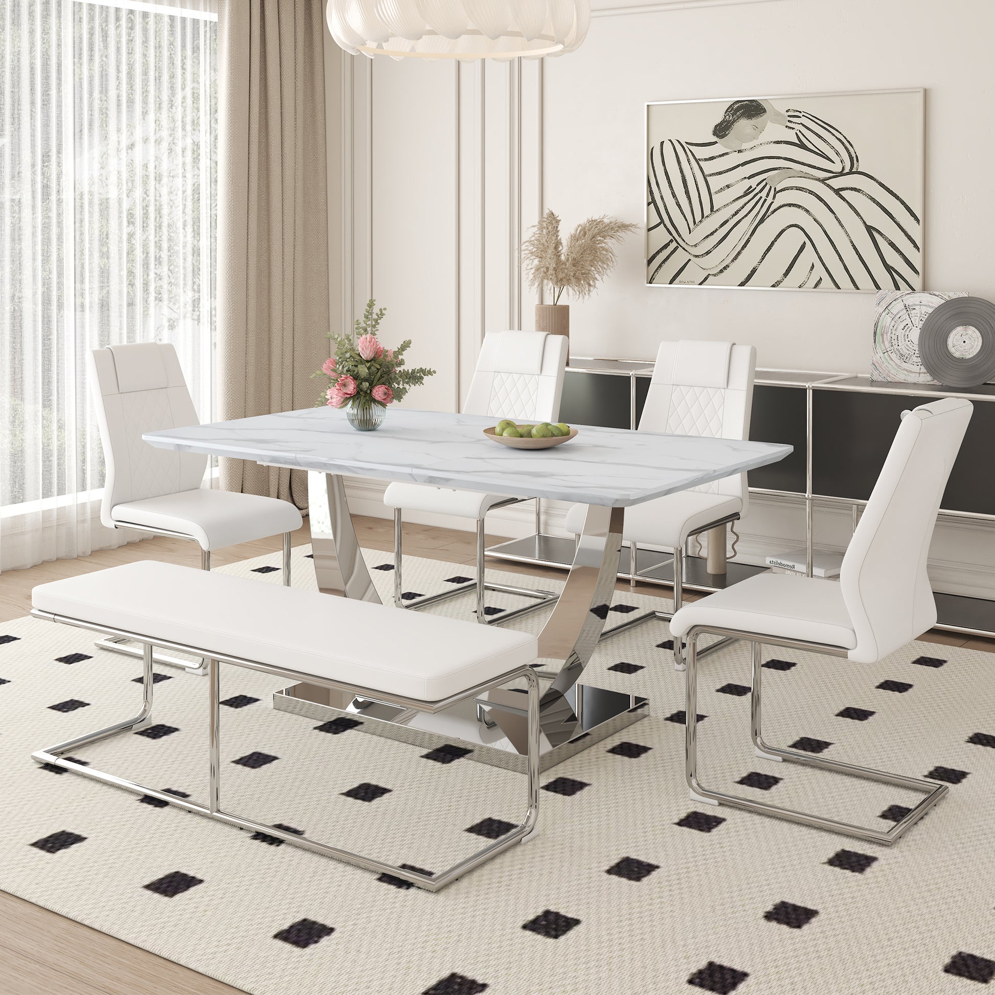 Table And Chair Set. Large Modern Rectangular Table With White Textured Top And Silver Metal Legs. Soft And Comfortable Pu Seats, Faux Leather Upholstered Seats And Sturdy Metal Legs. White Mdf Metal
