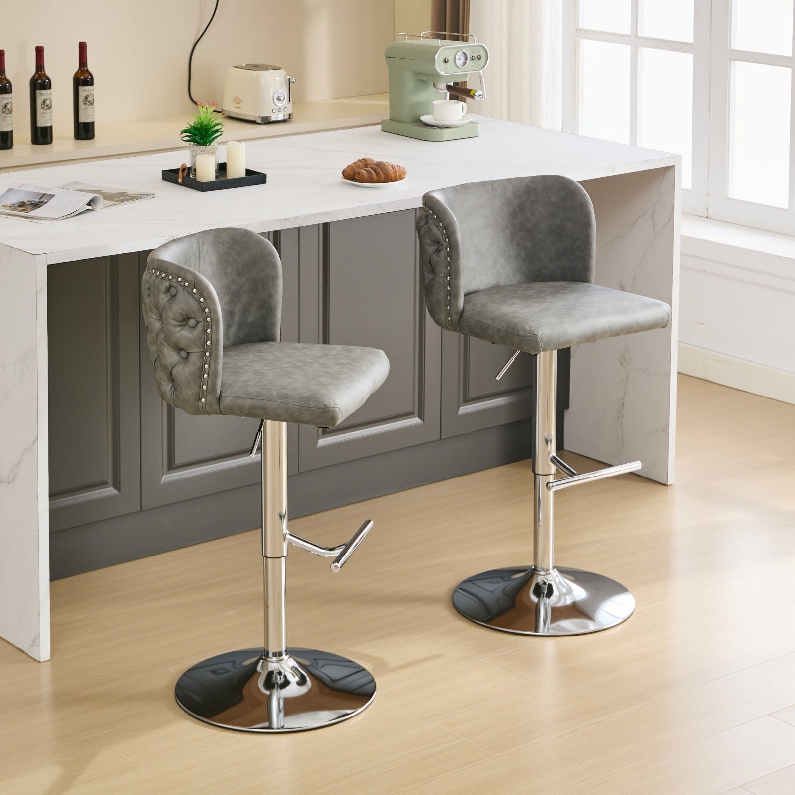 Swivel Barstools Adjusatble Seat Height With Chrome Base, Modern Pu Upholstered Bar Stools With The Whole Back Tufted, For Home Pub And Kitchen Island,Gray, Set Of 2 Gray American Design Bar Stools Set Of 2 Foam Pu Leather