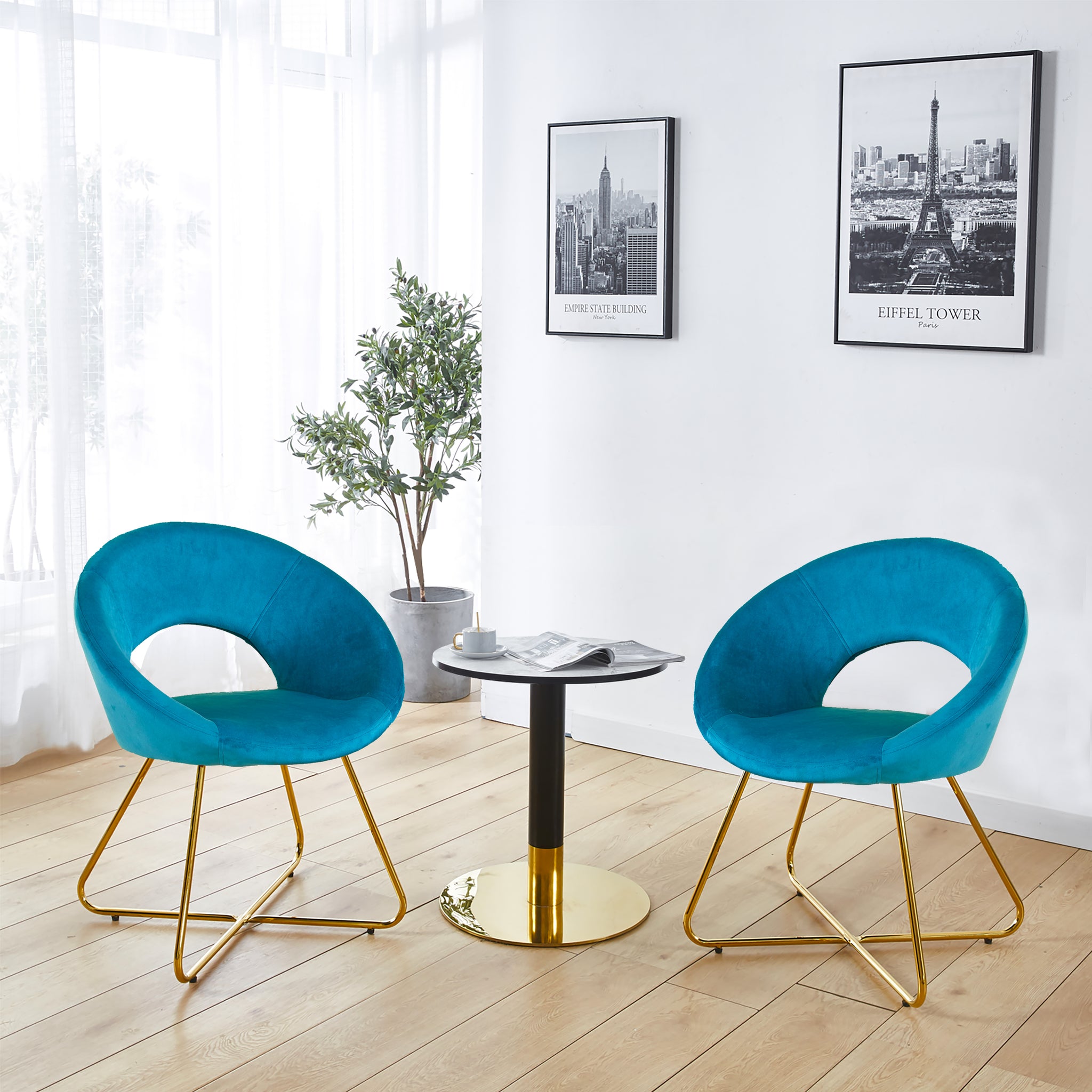 Modern Accent Velvet Chairs Set Of 2 Dining Chairs Single Sofa Comfy Upholstered Arm Chair Living Room Furniture Mid Century Leisure Lounge Chairs With Golden Metal Frame Legs Light Blue Velvet