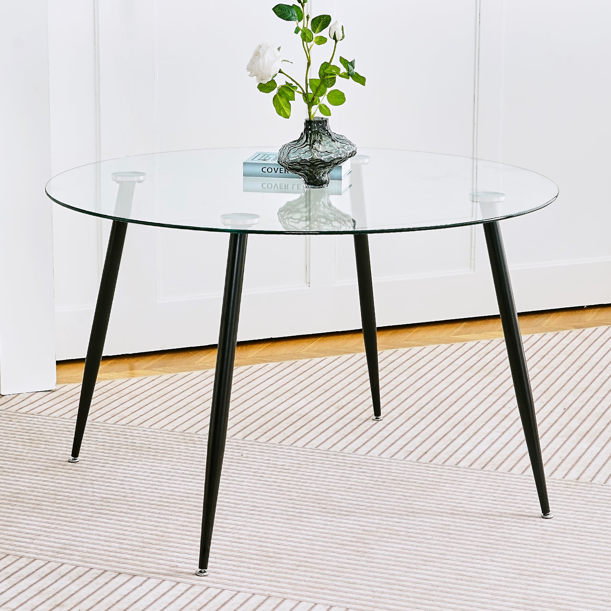 Modern Simple Glass Table, High Quality Tempered Glass Metal Material, Black Spray Table Legs, Suitable For Restaurant Kitchen Set Of 1 Black Round Glass