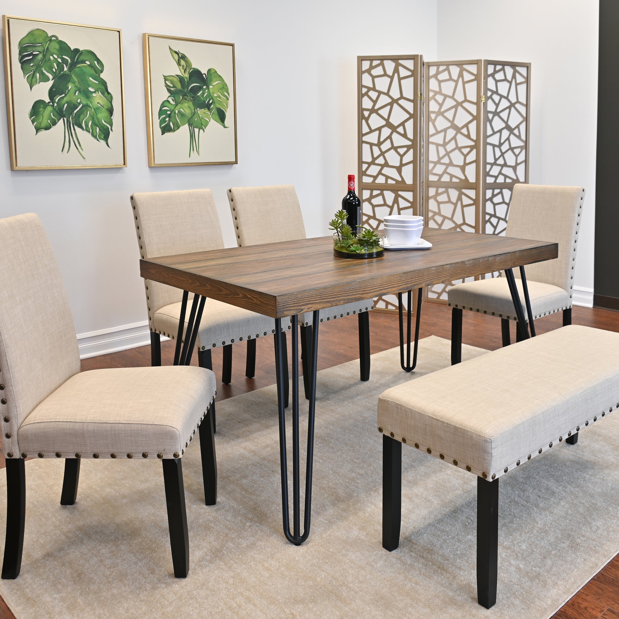 Amisos 6 Piece Dining Set, Hairpin Dining Table With 4 Chairs And Upholstery Bench, 3 Color Options Wood Brown Seats 6 Brown Metal Dining Room Fixed Table Rubberwood Rectangular 4 Leg Rectangular Dining Table With Chair And Bench Mdf