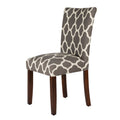 Wooden Parson Dining Chair With Quatrefoil Pattern Fabric Upholstery, Gray And White, Set Of Two Grey White Wood Fabric