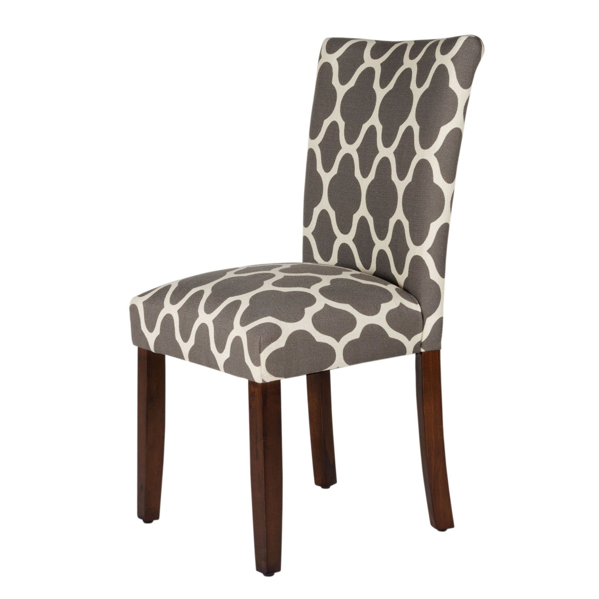 Wooden Parson Dining Chair With Quatrefoil Pattern Fabric Upholstery, Gray And White, Set Of Two Grey White Wood Fabric