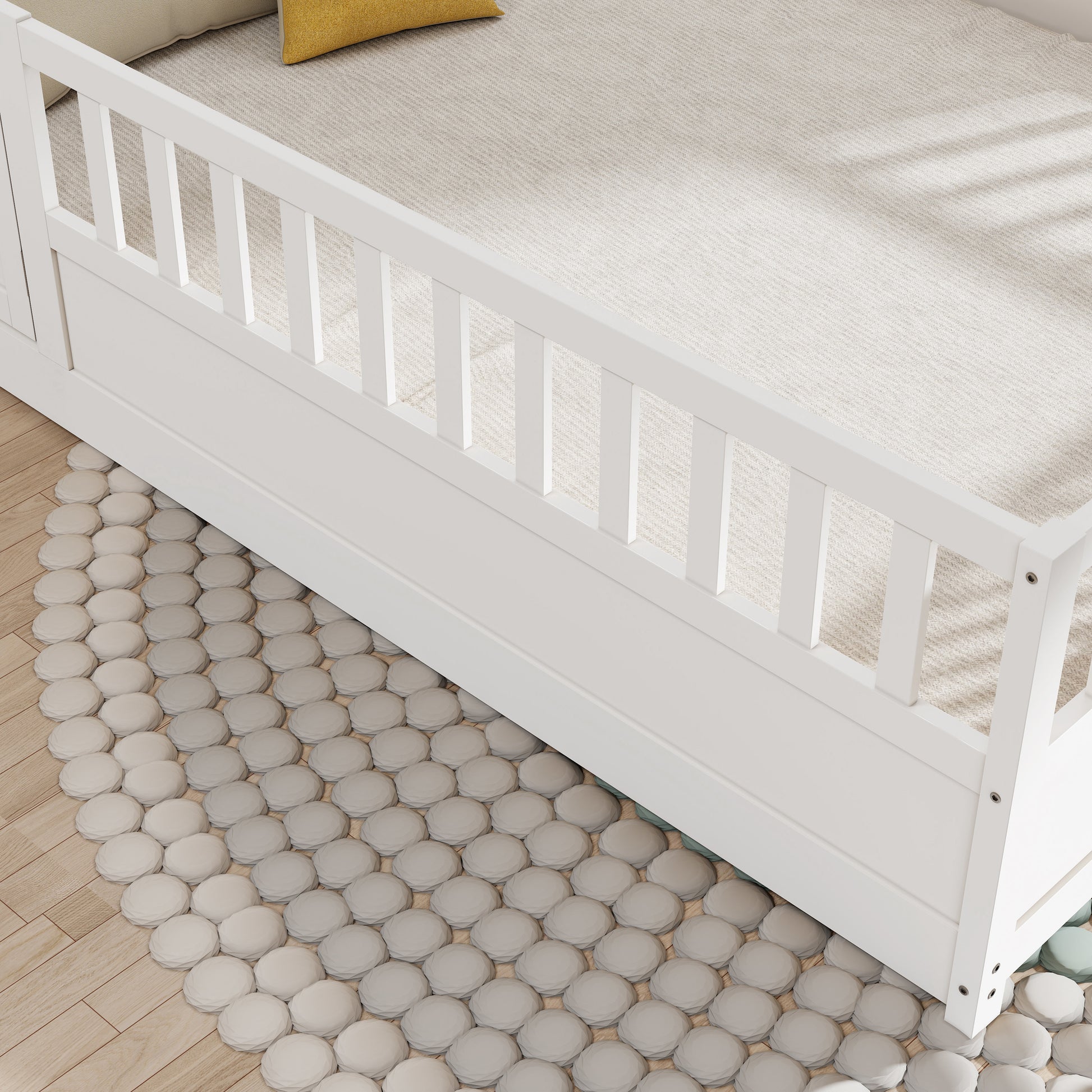 Full Size Floor Bed, Integral Construction With Super High Security Barrier, Door, Children'S Floor Bed Frame, Montessori Wooden Children'S Floor Bed, Support Slat White Box Spring Required Full