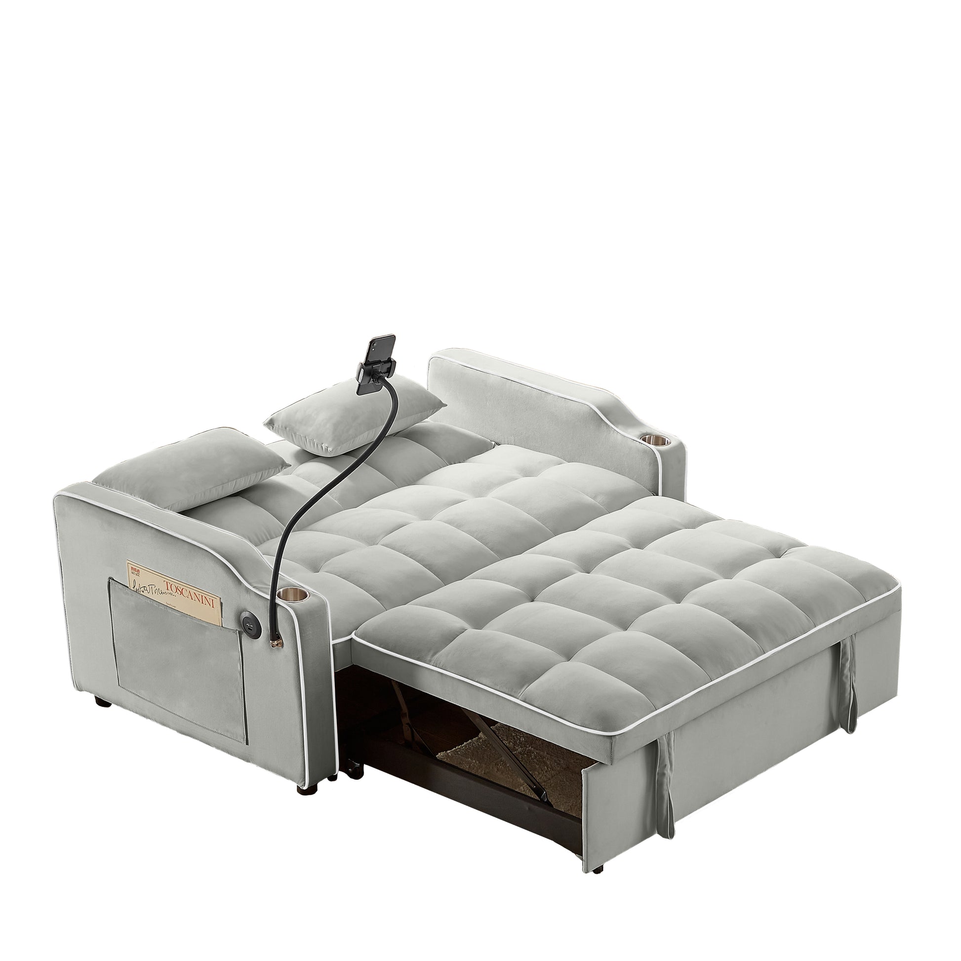 1 Versatile Foldable Sofa Bed In 3 Lengths, Modern Sofa Sofa Sofa Velvet Pull Out Bed, Adjustable Back And With Usb Port And Ashtray And Swivel Phone Stand Grey Gray Eucalyptus Solid Wood Mdf Resin 2 Seat
