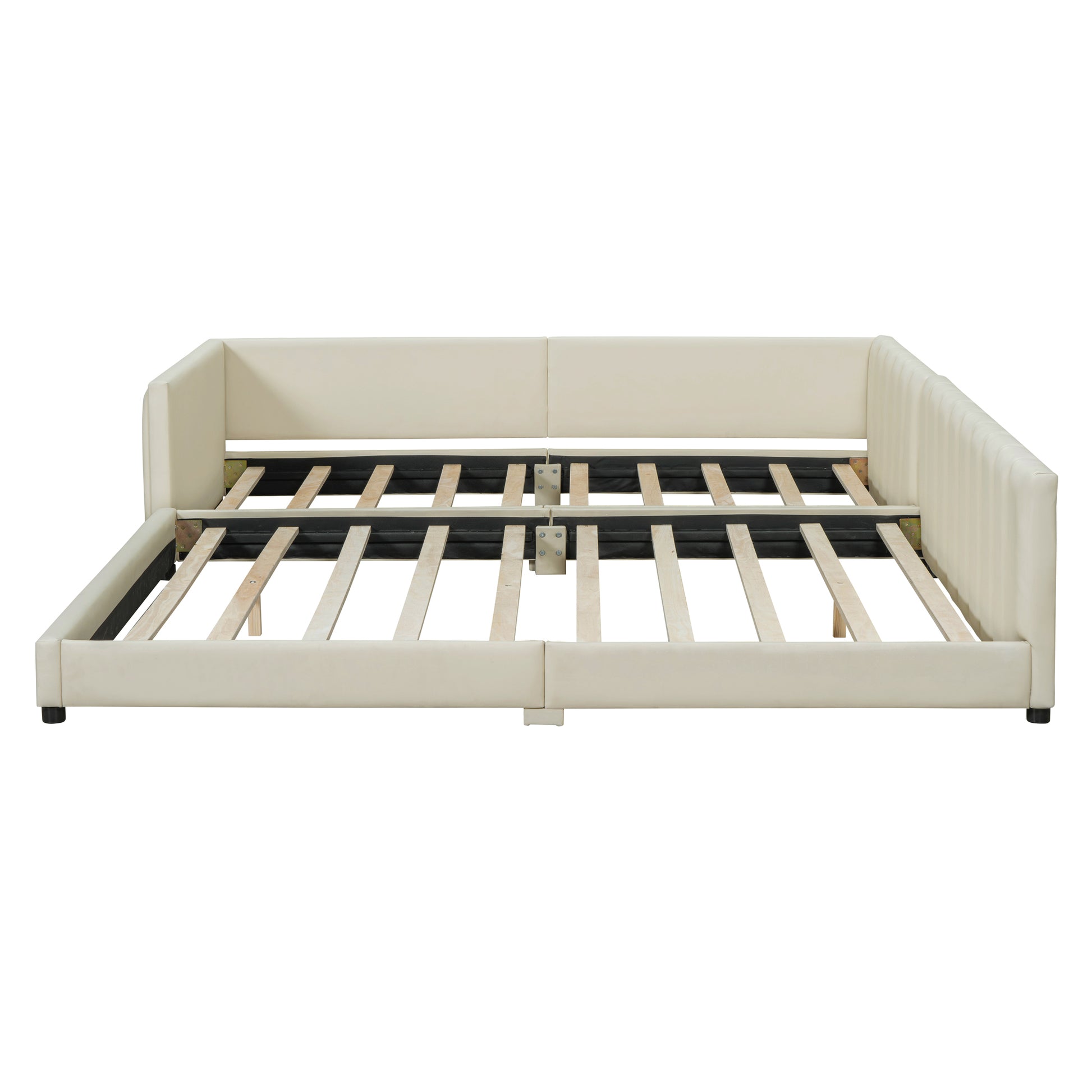 Queen Size & Twin Xl Size Upholstered Platform Bed, Mother & Child Bed, Pu Leather, Beige Beige Pu Leather