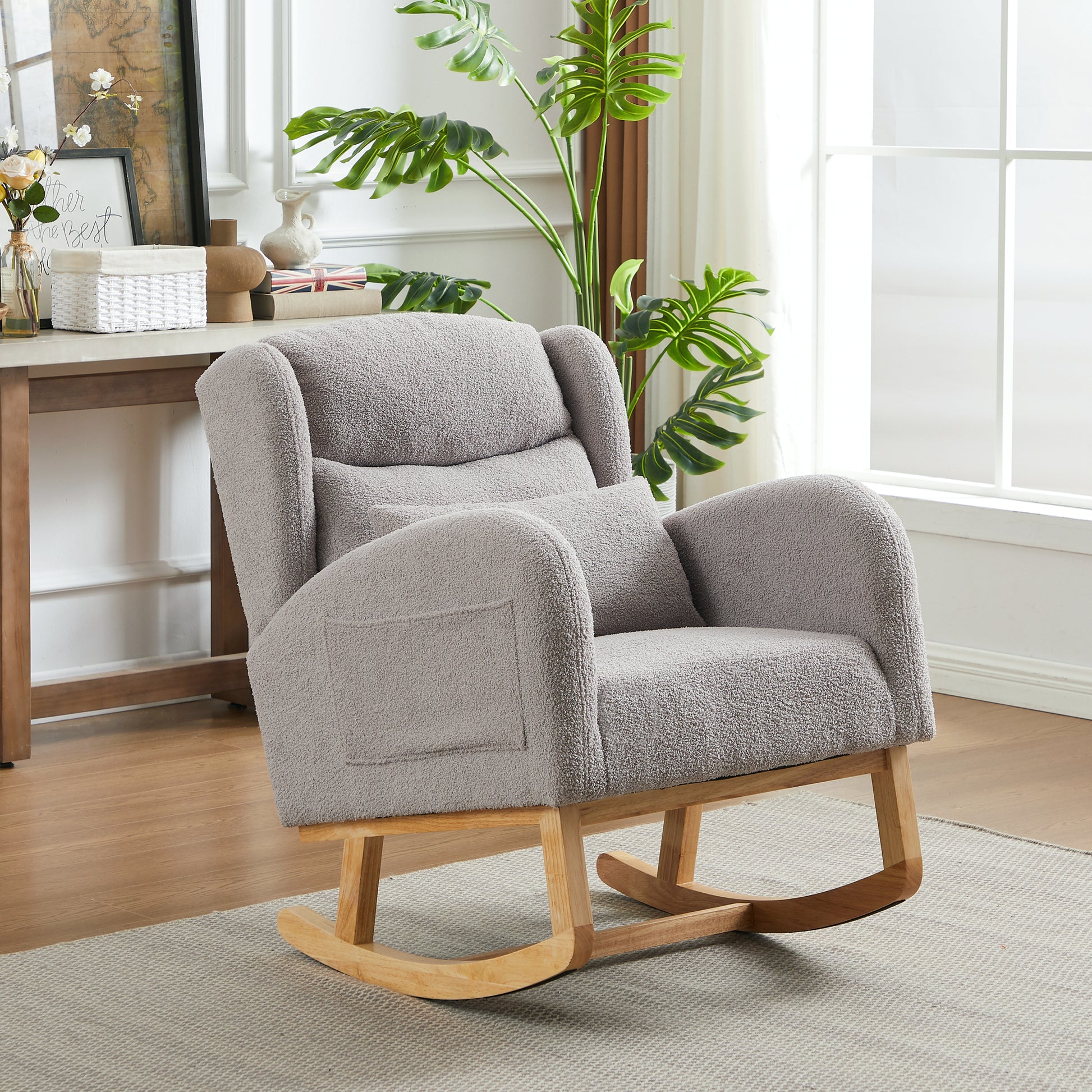 27.2"W Modern Accent High Backrest Living Room Lounge Arm Rocking Chair, Two Side Pocket Grey Foam Fabric