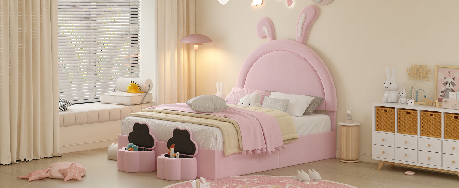 Full Size Upholstered Rabbit Shape Bed With 2 Storage Stools, Velvet Platform Bed With Cartoon Ears Shaped Headboard, Pink Full Pink Wood